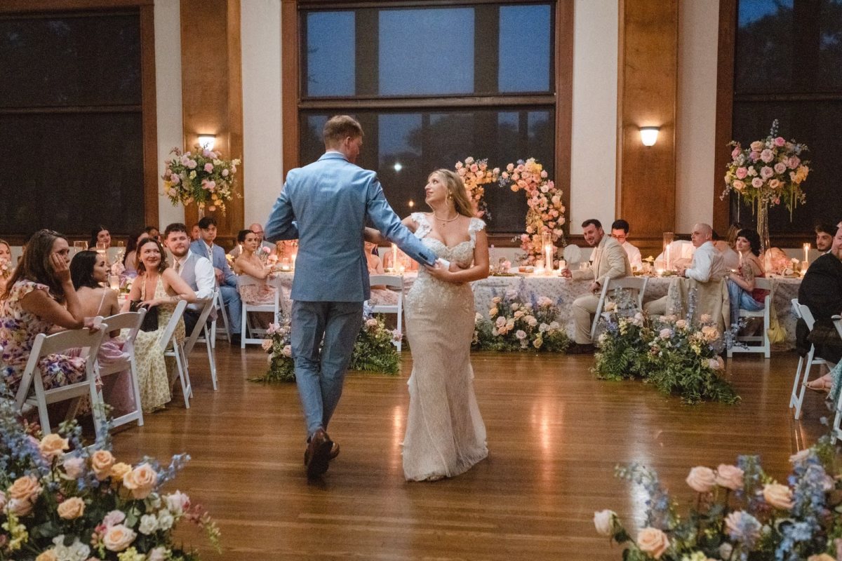 Vintage Romantic Springtime Pastel Ballroom Wedding Reception | White, Pink, Lavender Floral Arrangement Wedding Reception Decor Ideas | Bride and Groom First Dance Wedding Portrait | Tampa Bay DJ Graingertainment