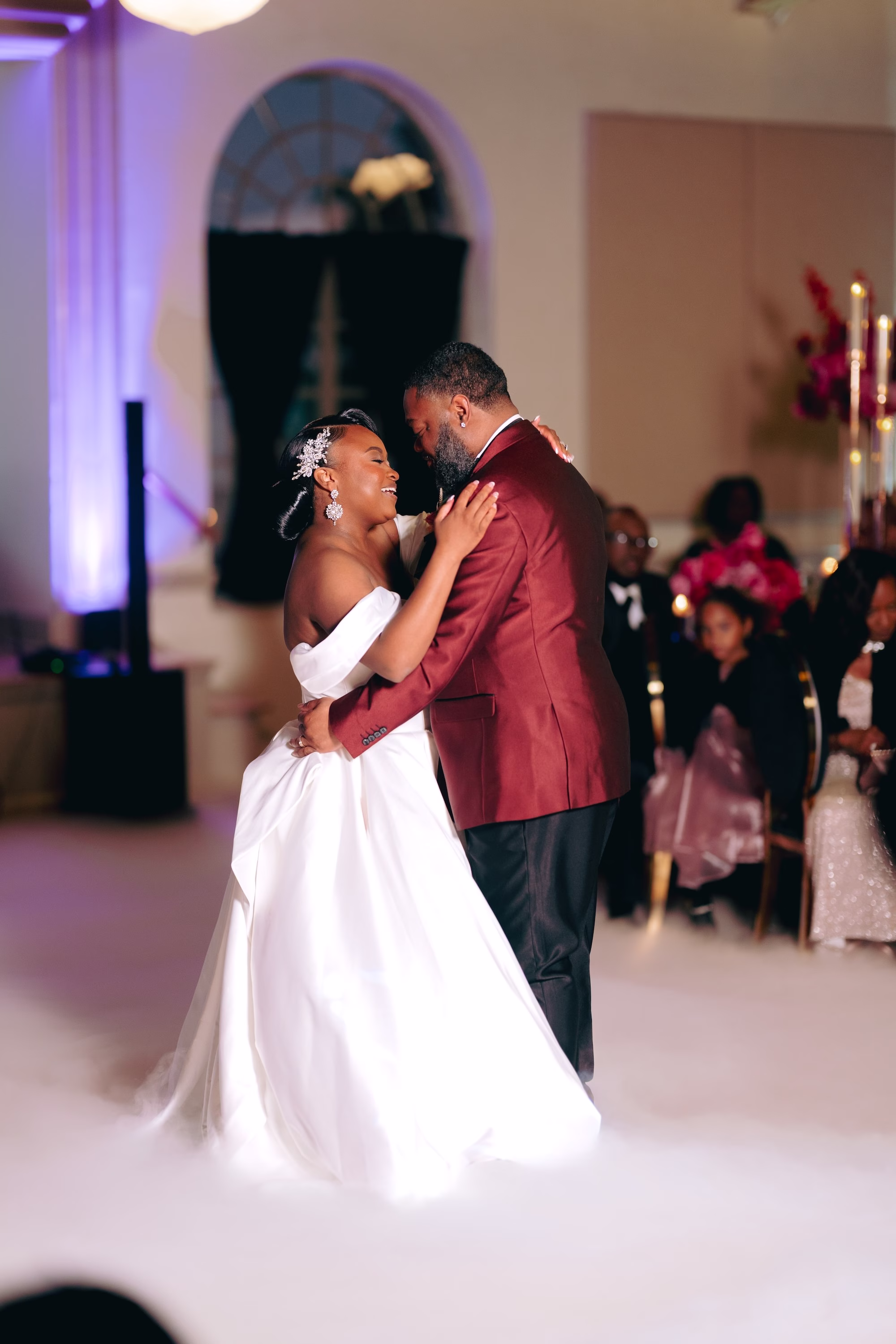 38Bold Pink Red and Burgundy Wedding Ideas - Glamorous, Burgundy Lakeland Wedding | Lake Mirror Amphitheater Bride and Groom First Dance Wedding Portrait | Glamourous Pink, Red, Burgundy and Black Ballroom Wedding Reception Decor Inspiration