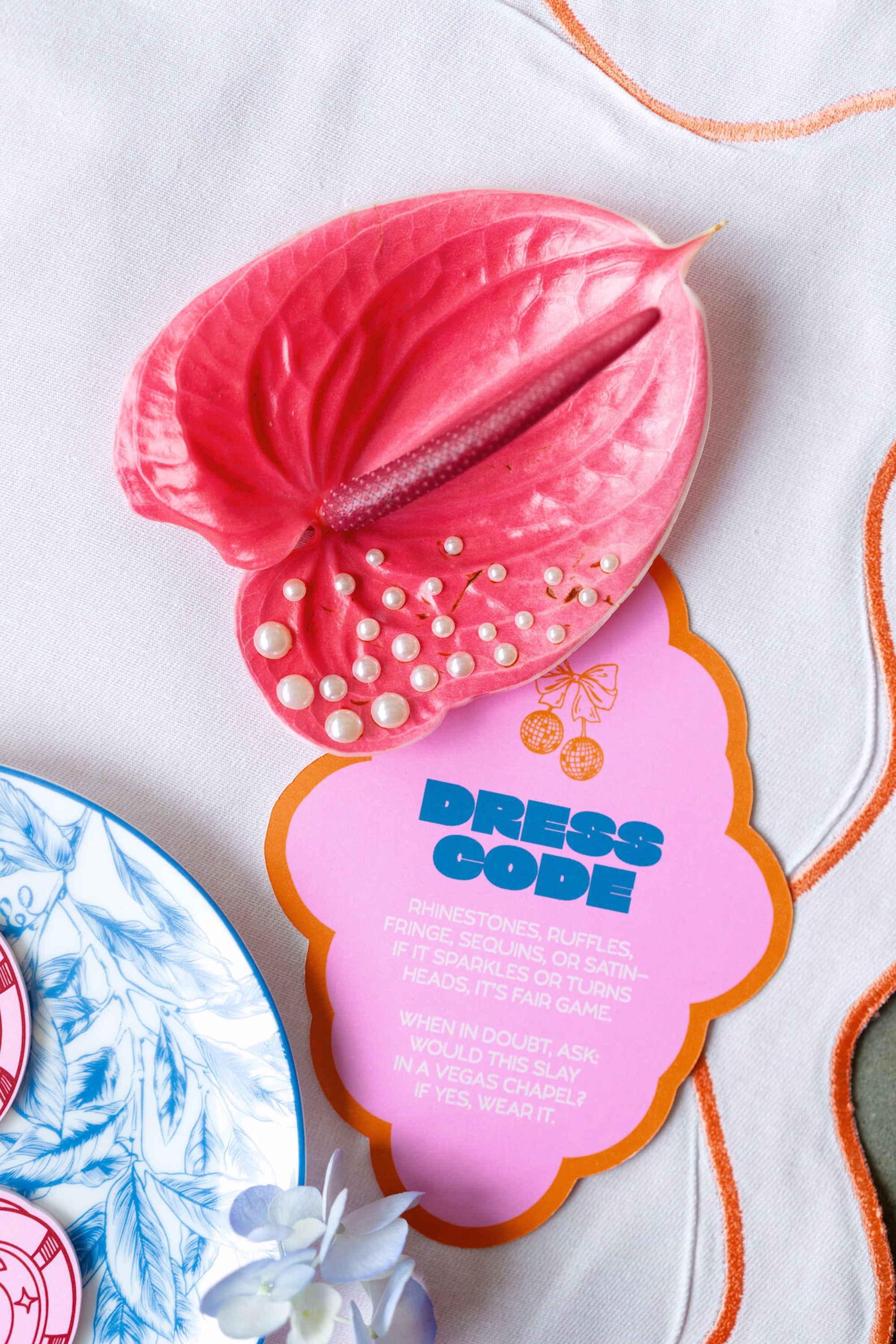 4Whimsical Red Las Vegas Pink Pony Club Inspired Wedding - Bold and Vibrant Same-Sex Ybor City Wedding Inspiration | Hotel Haya Whimsical Red Las Vegas Pink Pony Club Inspired Wedding Dress Code Card Ideas