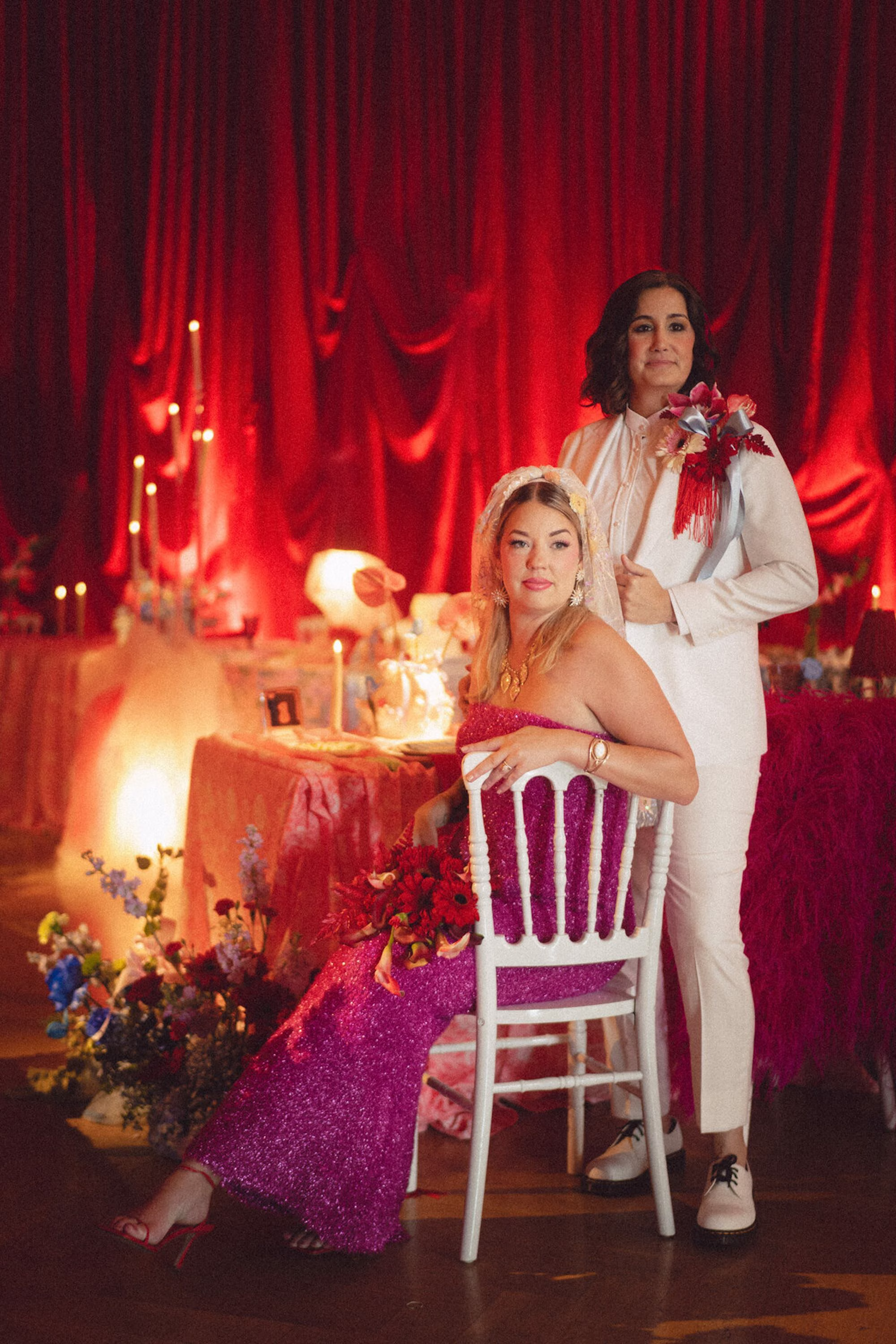 61Whimsical Red Las Vegas Pink Pony Club Inspired Wedding - Bold and Vibrant Same-Sex Ybor City Wedding Inspiration | Hotel Haya Bride and Bride Wedding Portrait