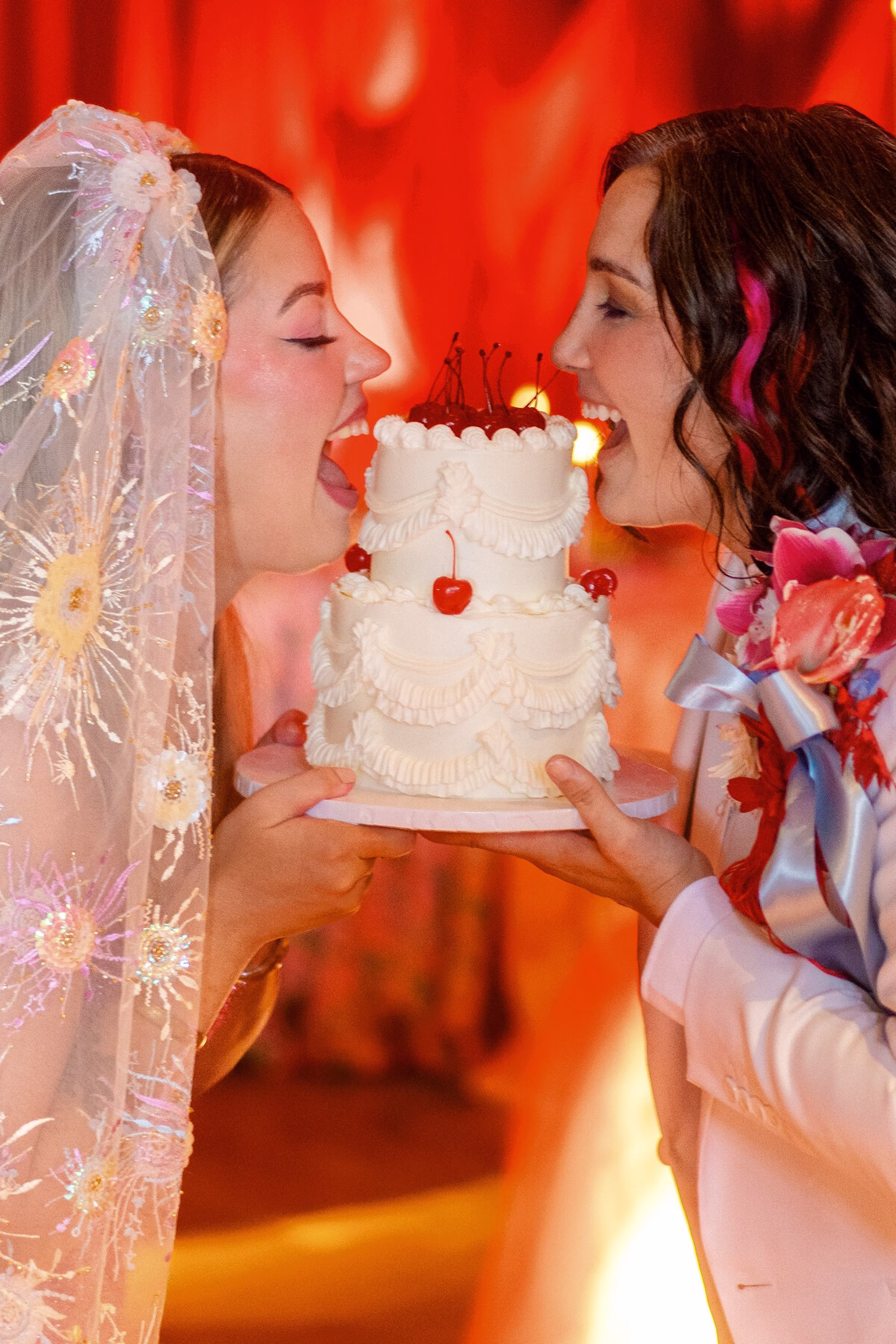 67Whimsical Red Las Vegas Pink Pony Club Inspired Wedding - Bold and Vibrant Same-Sex Ybor City Wedding Inspiration | Hotel Haya Bride and Bride Cake Wedding Portrait