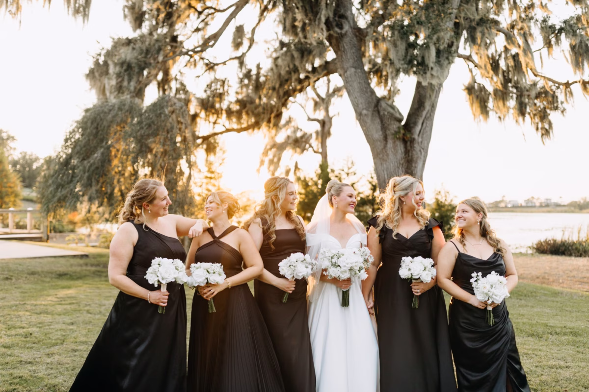 Bride and Bridesmaids Wedding Portrait | Mismatched Black Bridesmaid Dress Ideas