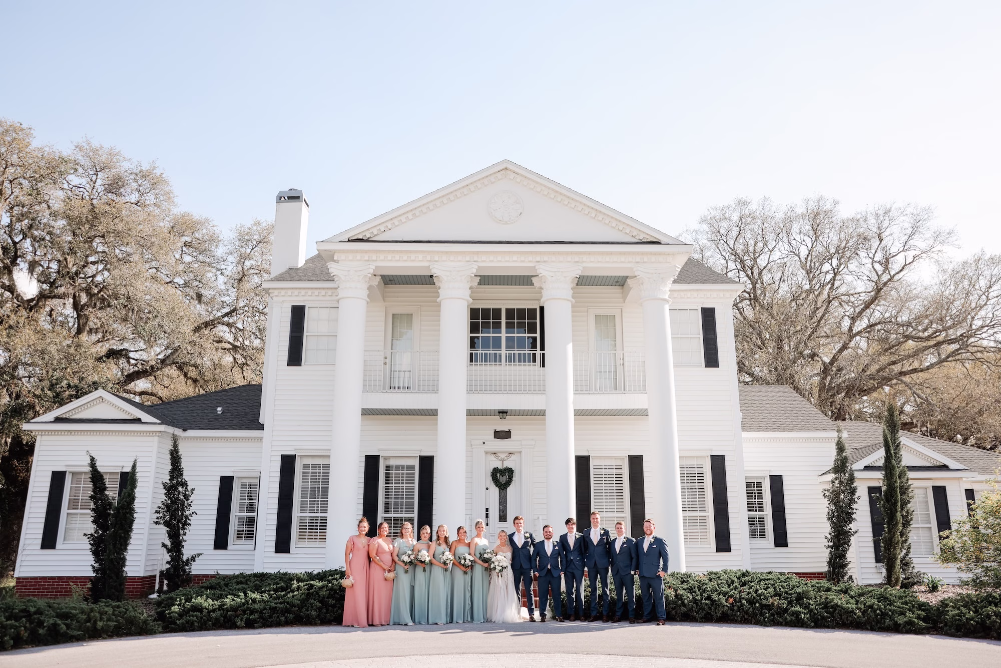 Bride and Groom with Bridal Party Wedding Portrait | Green Sage, Pink Blush Chich Rustic Wedding Inspiration | Clearwater Photographer Lifelong Photography Studio | Tampa Bay Event Venue Legacy Lane Weddings