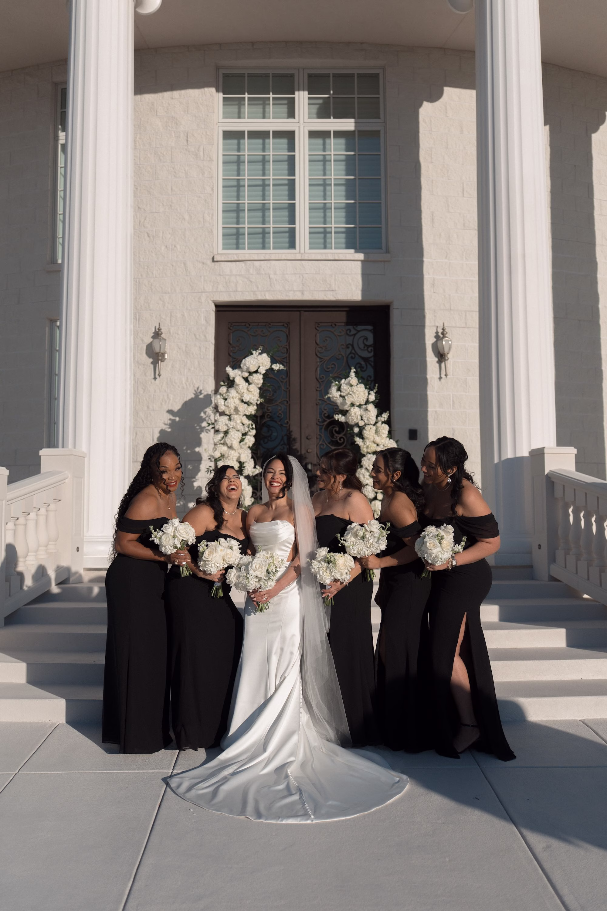 29Timeless Black and Wedding New Years Eve Wedding Ideas - Timeless Black and White Tarpon Springs Wedding | Whitehurst Gallery Bride and Bridesmaids Wedding Portrait | Off the Shoulder Black Bridesmaid Dresses Inspiration | Monochromatic White Roses Bridal Bouquet Ideas | Tampa Bay Photographer Amber Yonker Photography | Tarpon Springs Event Venue Whitehurst Gallery