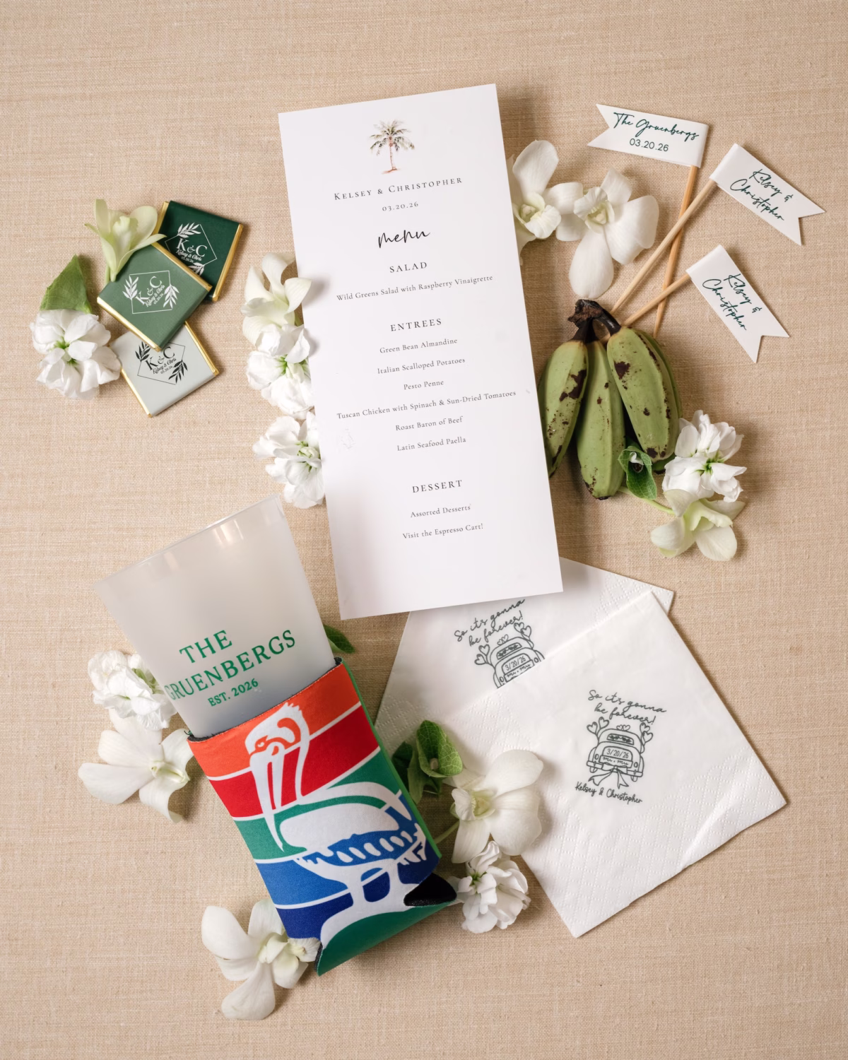 33Tropical Green Florida Wedding Ideas - Tropical, Green Downtown St. Pete Wedding | Poynter Institute Elegant White and Green Wedding Reception Menu Inspiration | Customized White and Green Cocktail Napkins Ideas | Personalized Clear with Green Writing Wedding Reception Cups Favor Inspiration | St Pete Event Planner Coastal Coordinating | Tampa Bay Photographer Dewitt For Love