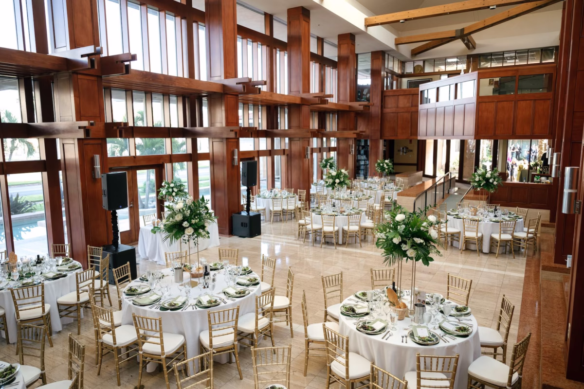 35Tropical Green Florida Wedding Ideas St Pete Venue Poytner Institute - Tropical, Green Downtown St. Pete Wedding | Poynter Institute Tropical Green and White Luxurious Ballroom Wedding Reception | Modern Gold Chiavari Chairs | Tall Gold Platform Centerpieces with White Florals and Greenery Arrangement Ideas | St Pete Event Planner Coastal Coordinating | Florida Venue Poynter Institute