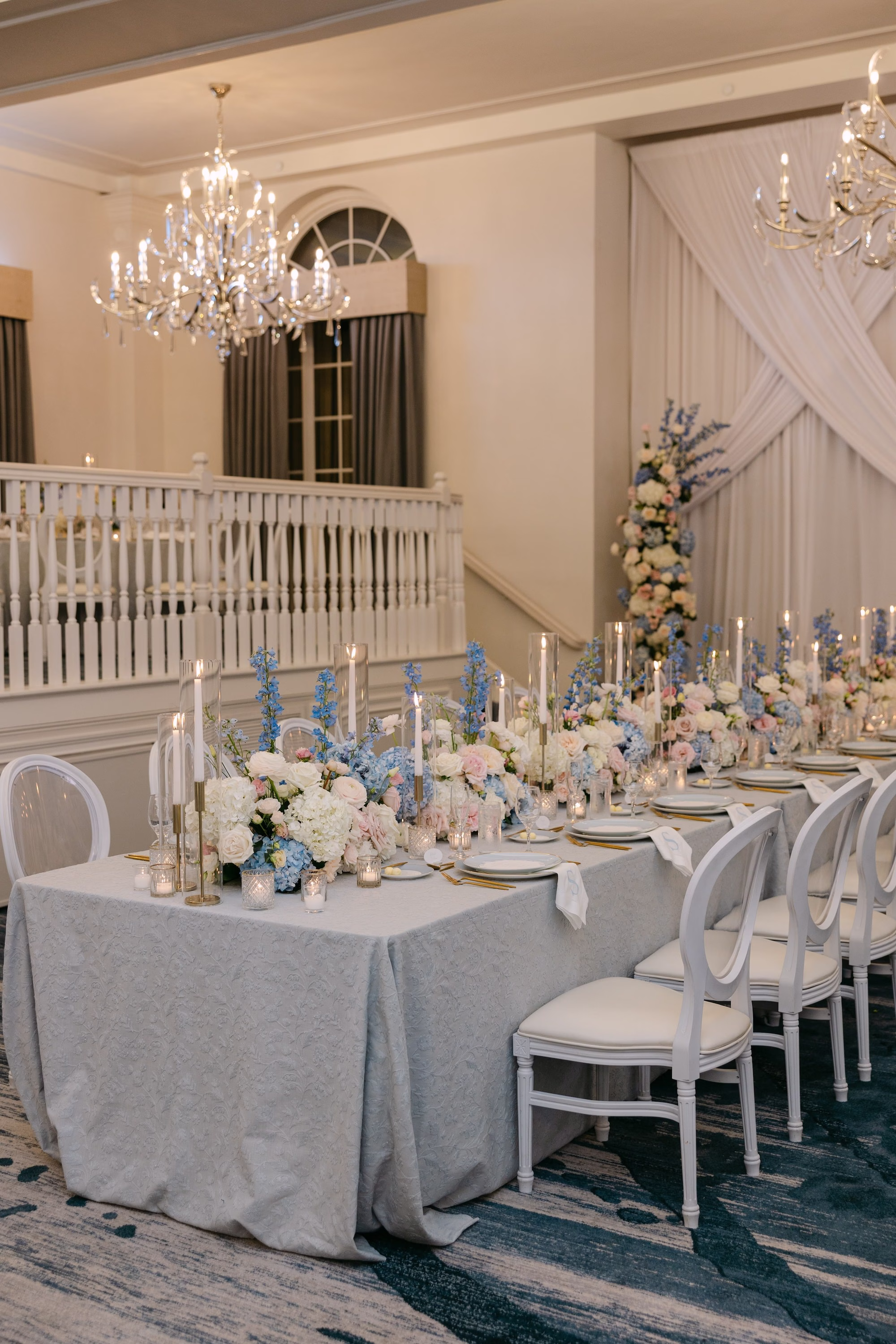Lux, Romantic Blush, Ivory, and Blue Wedding Reception Centerpiece Decor Ideas | St Pete Florist Bruce Wayne Florals