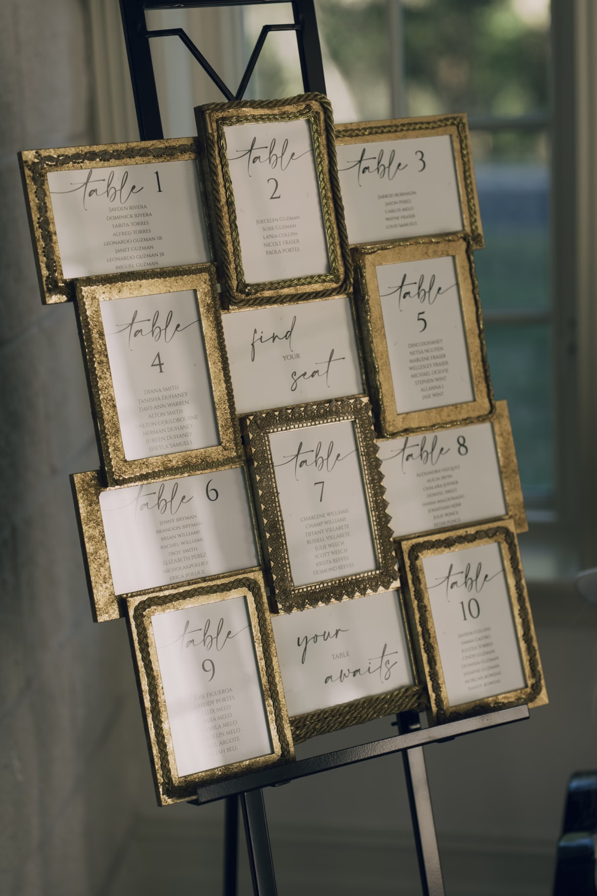 36Timeless Black and Wedding New Years Eve Wedding Ideas - Timeless Black and White Tarpon Springs Wedding | Whitehurst Gallery Vintage Gold Frame Wedding Reception Seating Chart Decor Inspiration