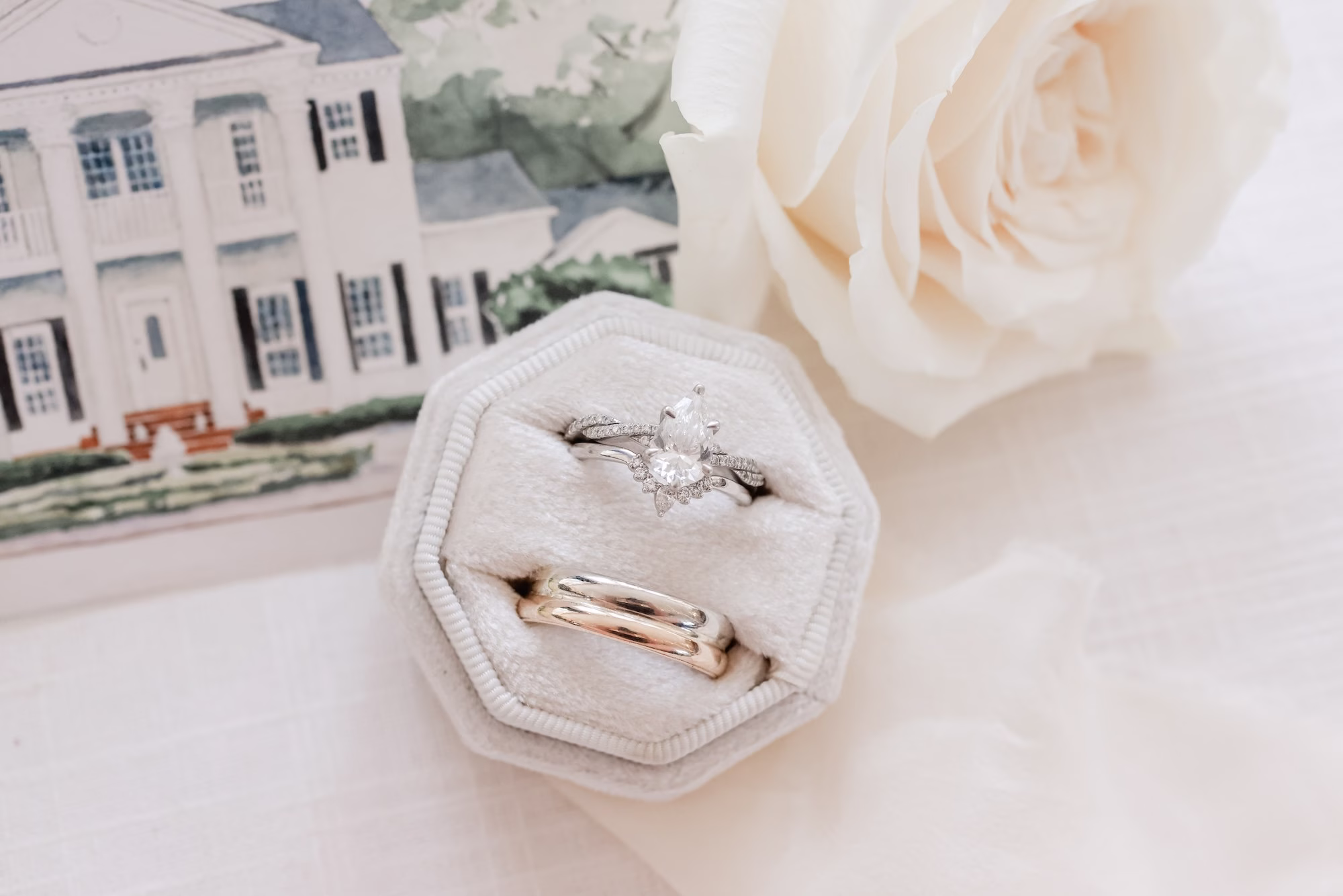 Gray Velvet Wedding Ring Box Inspiration | Elegant Watercolor of Venue White and Green Spring Wedding Invitation Suite Inspiration