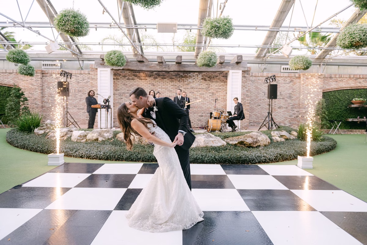 58Romantic Lux Greenhouse Garden Party Wedding Inspiration Tampa Venue Hardemans Secret Garden - Romantic, Luxurious Dover Wedding | Hardeman's Secret Garden Bride and Groom First Dance Wedding Portrait | Cold Sparkler Tampa Bay DJ Co.