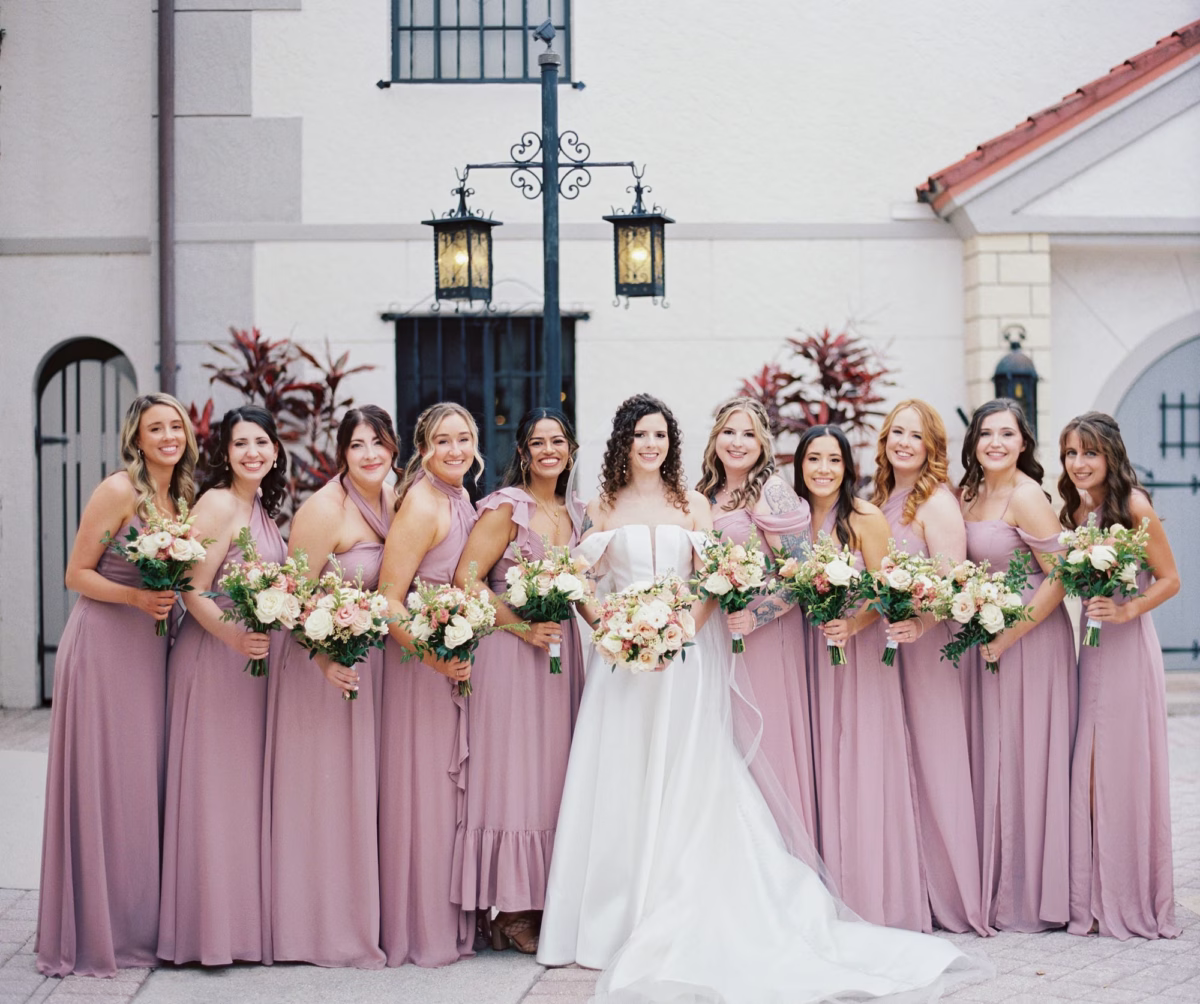 Bride and Bridesmaids Wedding Portrait | Blush Mismatched Bridesmaids Dress Ideas
