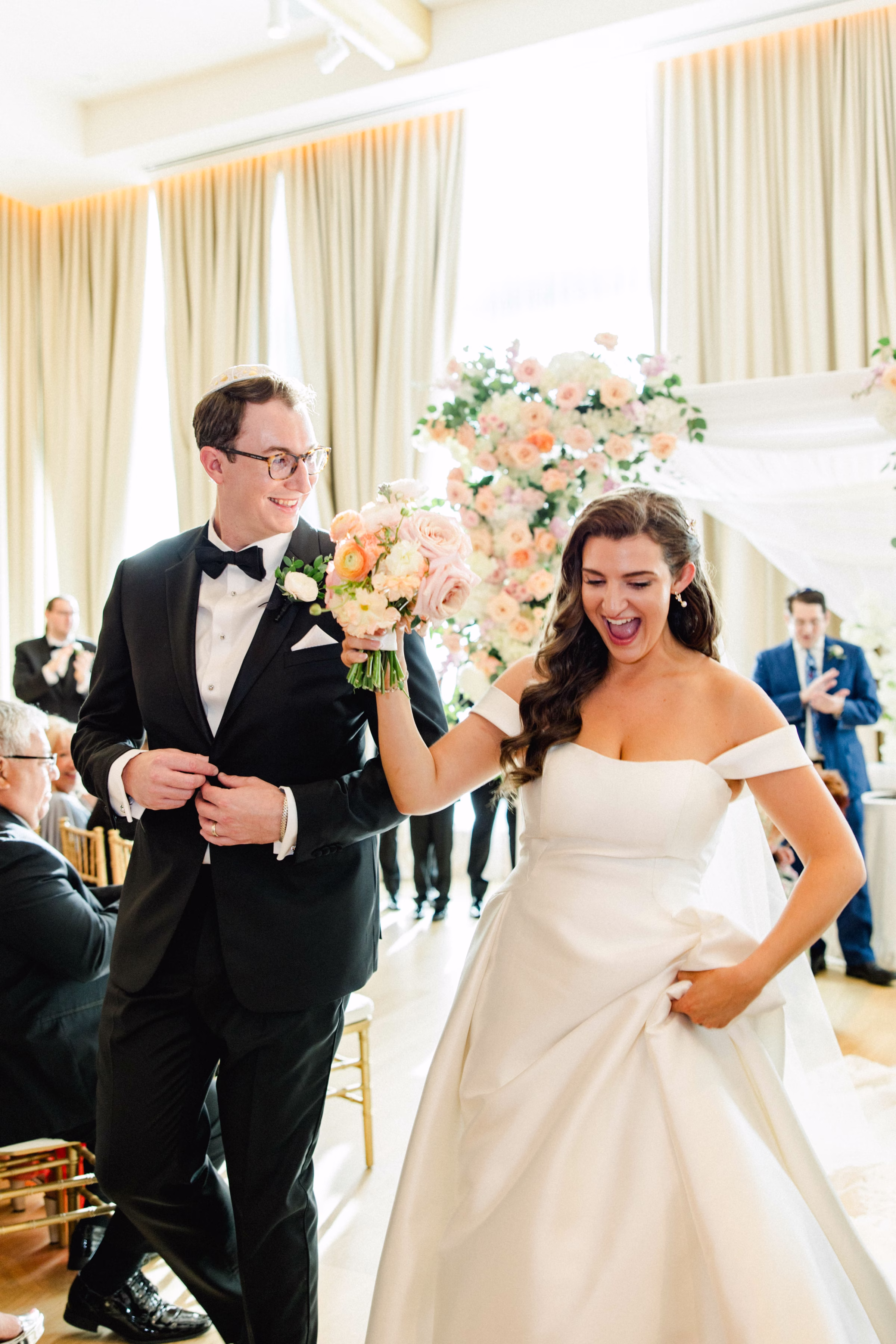 Bride and Groom Wedding Ceremony Just Married Wedding Portrait | Spring Pastel Roses, Hydrangeas Blush, Peach, Cream, White Bridal Bouquet Inspiration | Downtown Event Venue The Edition Hotel Tampa