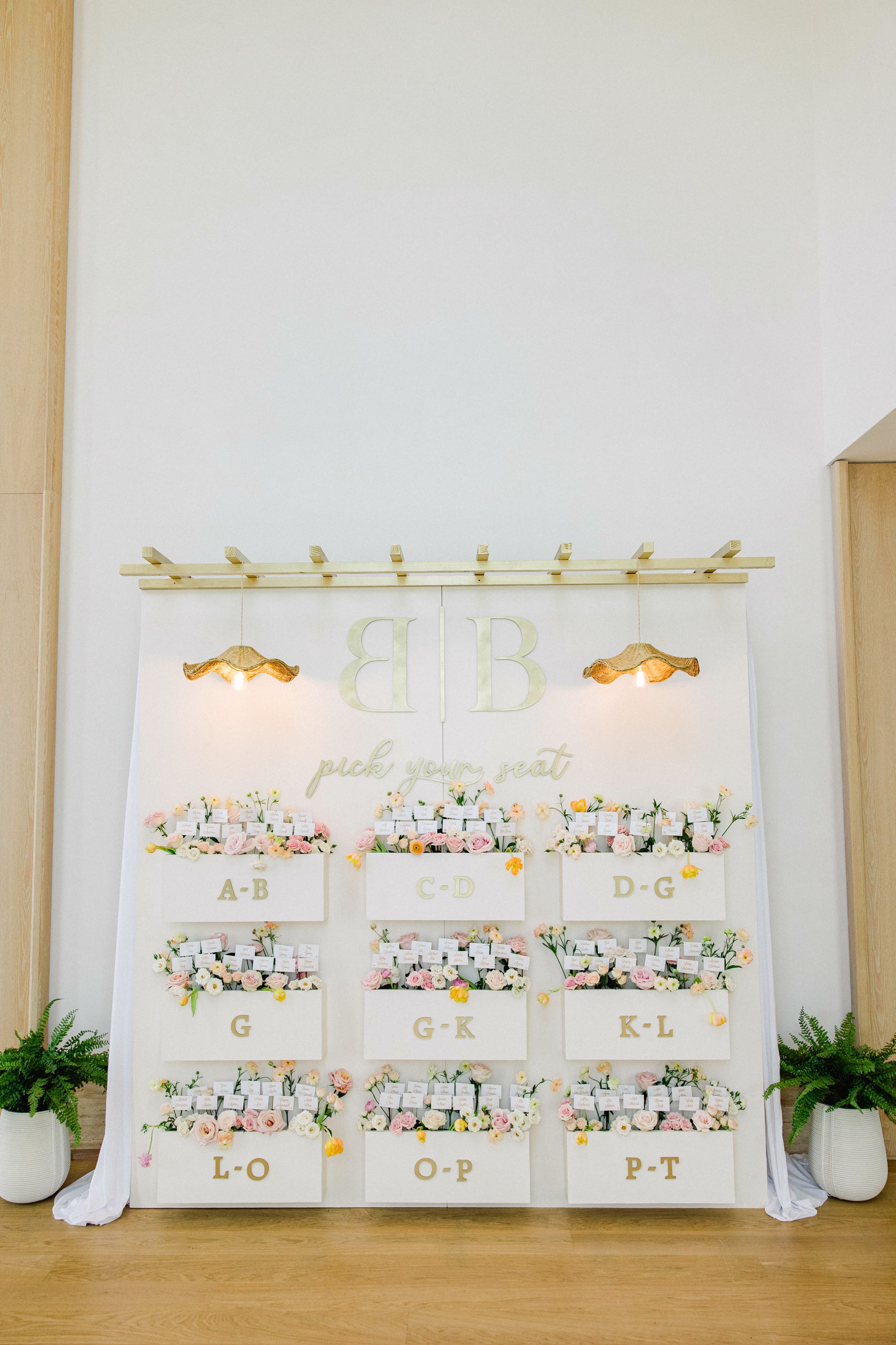 White and Gold Flower Box Wedding Ceremony Seating Chart Decor Inspiration | Spring Pastel Peach, Blush and White Floral Reception Decor Ideas