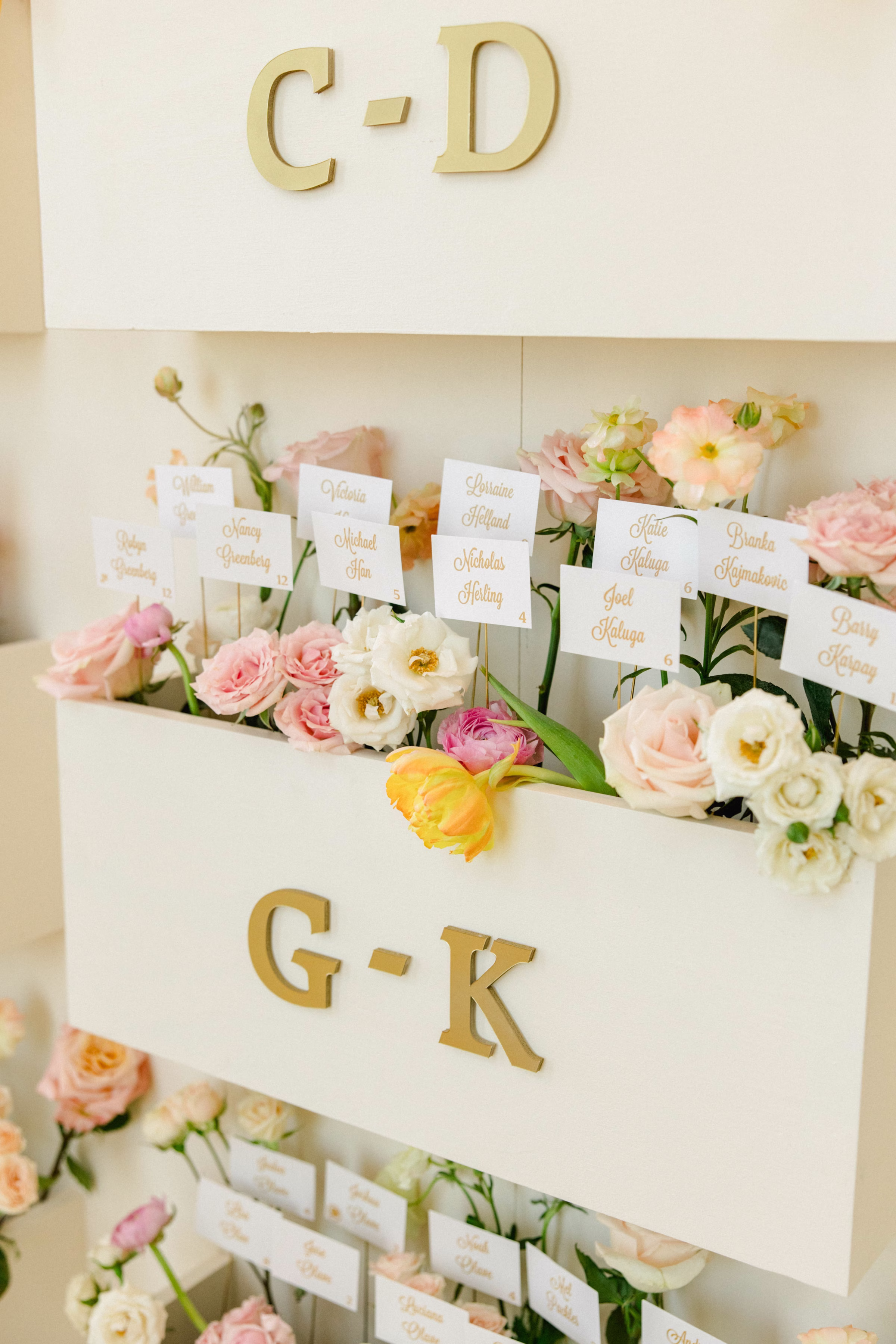 White and Gold Flower Box Wedding Ceremony Seating Chart Decor Inspiration | Spring Pastel Peach, Blush and White Floral Reception Decor Ideas