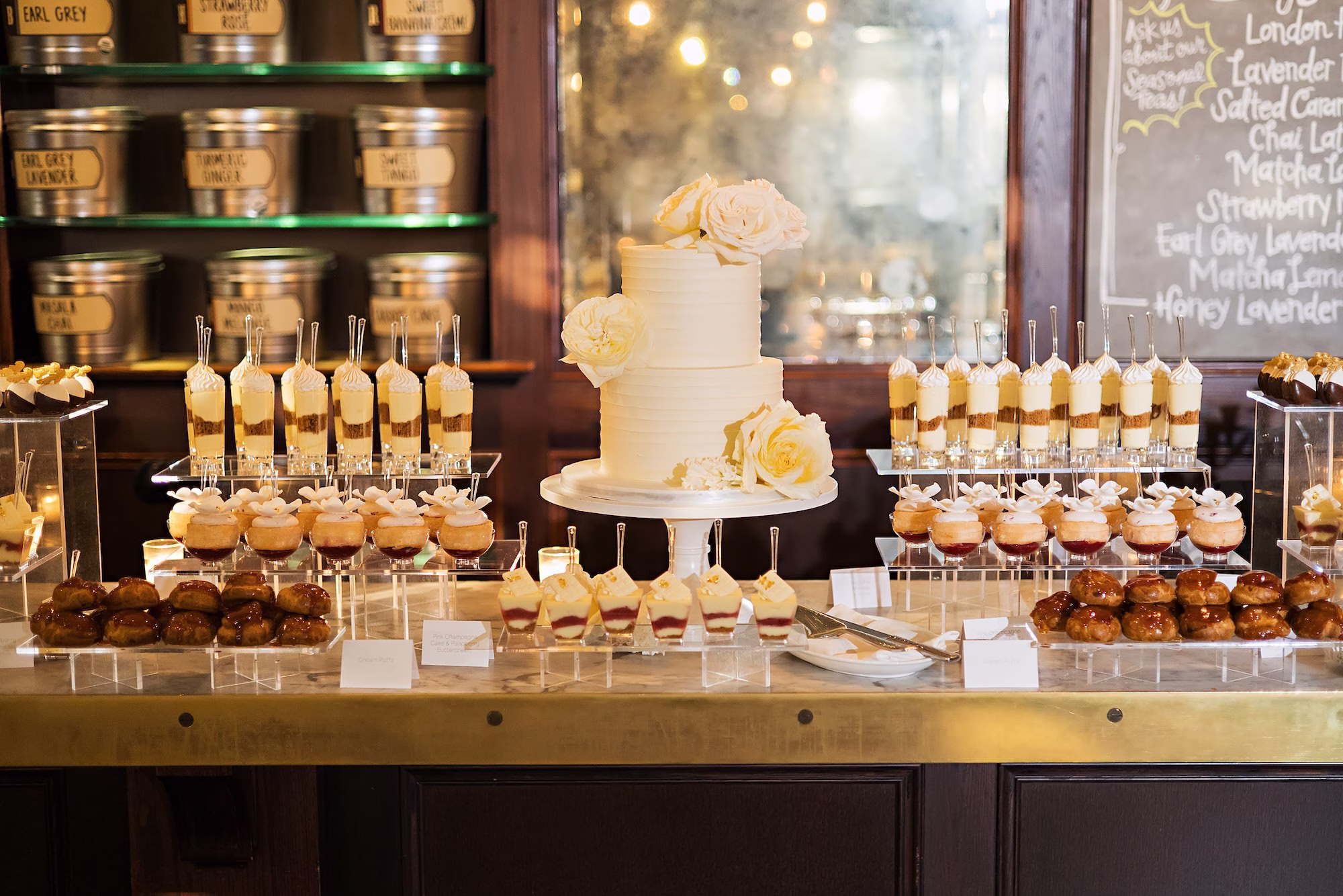 Modern Two Tier Wedding Cake with White Rose Floral Decor Inspiration | Chic Desert Bar Wedding Reception Decor Ideas