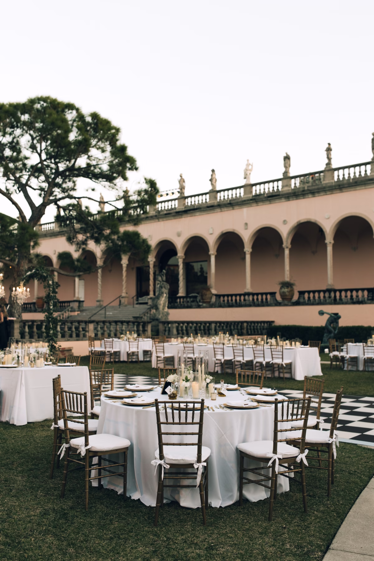 Luxurious White and Greenery Outdoor Florida Courtyard Wedding Reception Decor Ideas | Sarasota Event Venue The Ringing Museum of Art