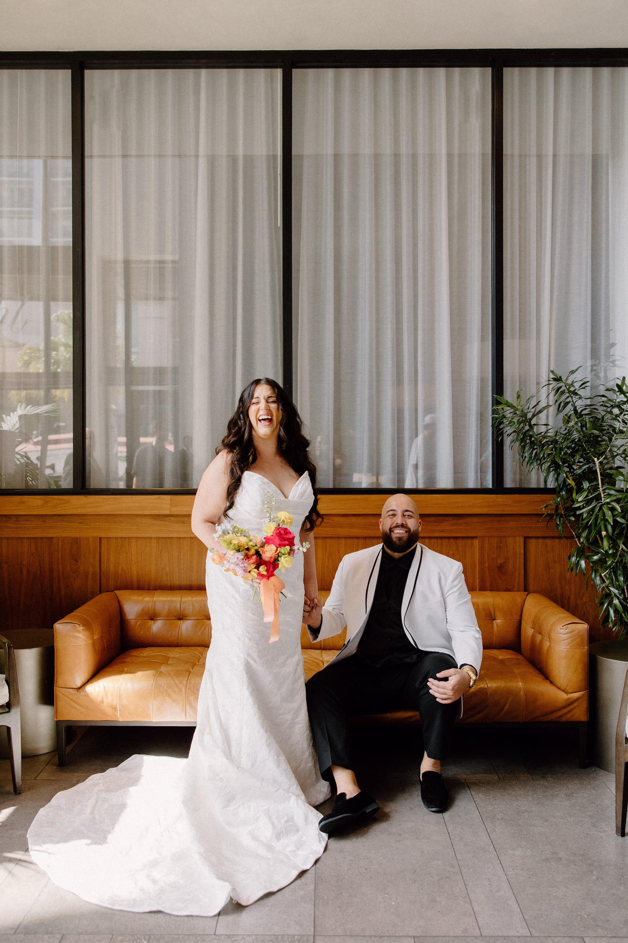 14Whimsical Pastel Spring Orange Yellow and Purple Wedding Inspiration - Whimsical, Colorful Waterfront Wedding | Tampa River Center Bride and Groom Wedding Portrait | Timeless Maggie Sottero White Wedding Gown with Train Inspiration | Colorful Bright Yellow, Baby Blue, Bright Pink, Orange, Blush, Lilac Spring Bridal Bouquet Ideas