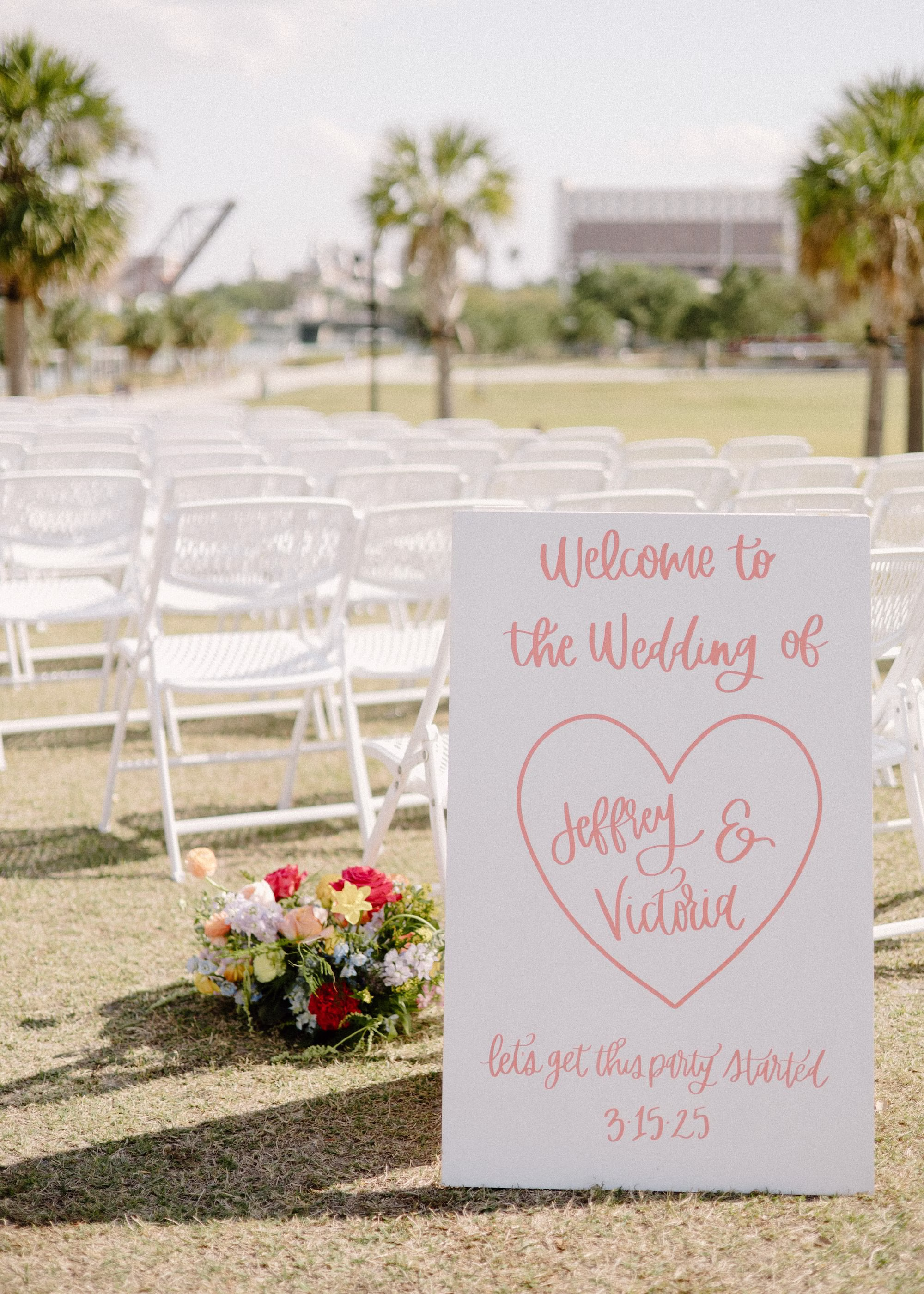 17Whimsical Pastel Spring Orange Yellow and Purple Wedding Inspiration - Whimsical, Colorful Waterfront Wedding | Tampa River Center Riverfront Wedding Ceremony with White Garden Chairs Inspiration | White and Pink Welcome Wedding Sign Ideas | Tampa Bay Planner Wilder Mind Events | Florida Sign Designer madWOLFE