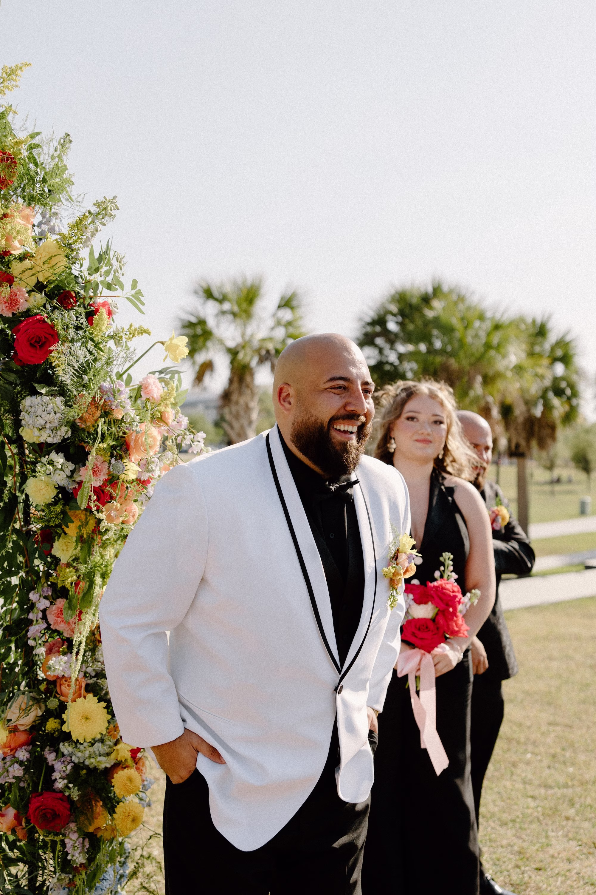 24Whimsical Pastel Spring Orange Yellow and Purple Wedding Inspiration - Whimsical, Colorful Waterfront Wedding | Tampa River Center Bride and Groom First Look Wedding Portrait | Spring Pastel Orange, Lilac, Purple, Yellow, Blue Florals Wedding Ceremony Decor Inspiration | Tampa Bay Planner Wilder Mind Events
