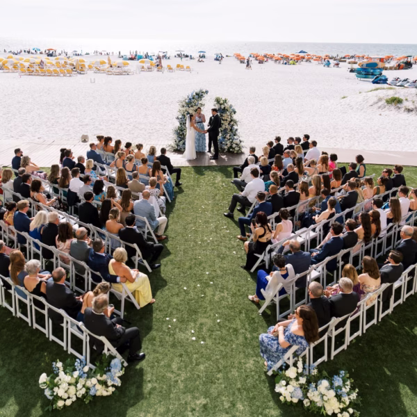 Elegant Coastal Blue Florida Beach Wedding Ceremony Decor Ideas | Clearwater Event Venue Sandpearl Resort | Kate Ryan Event Rentals