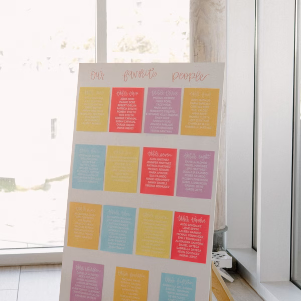 32Whimsical Pastel Spring Orange Yellow and Purple Wedding Inspiration - Whimsical, Colorful Waterfront Wedding | Tampa River Center Modern Colorful Wedding Reception Seating Chart Sign Inspiration | Colorful Spring Pastel Bright Pink, Orange, Yellow, Lavender, Blush Whimsical Garden Wedding Decor Ideas | Tampa Bay Planner Wilder Mind Events | Florida Sign Designer madWOLFE