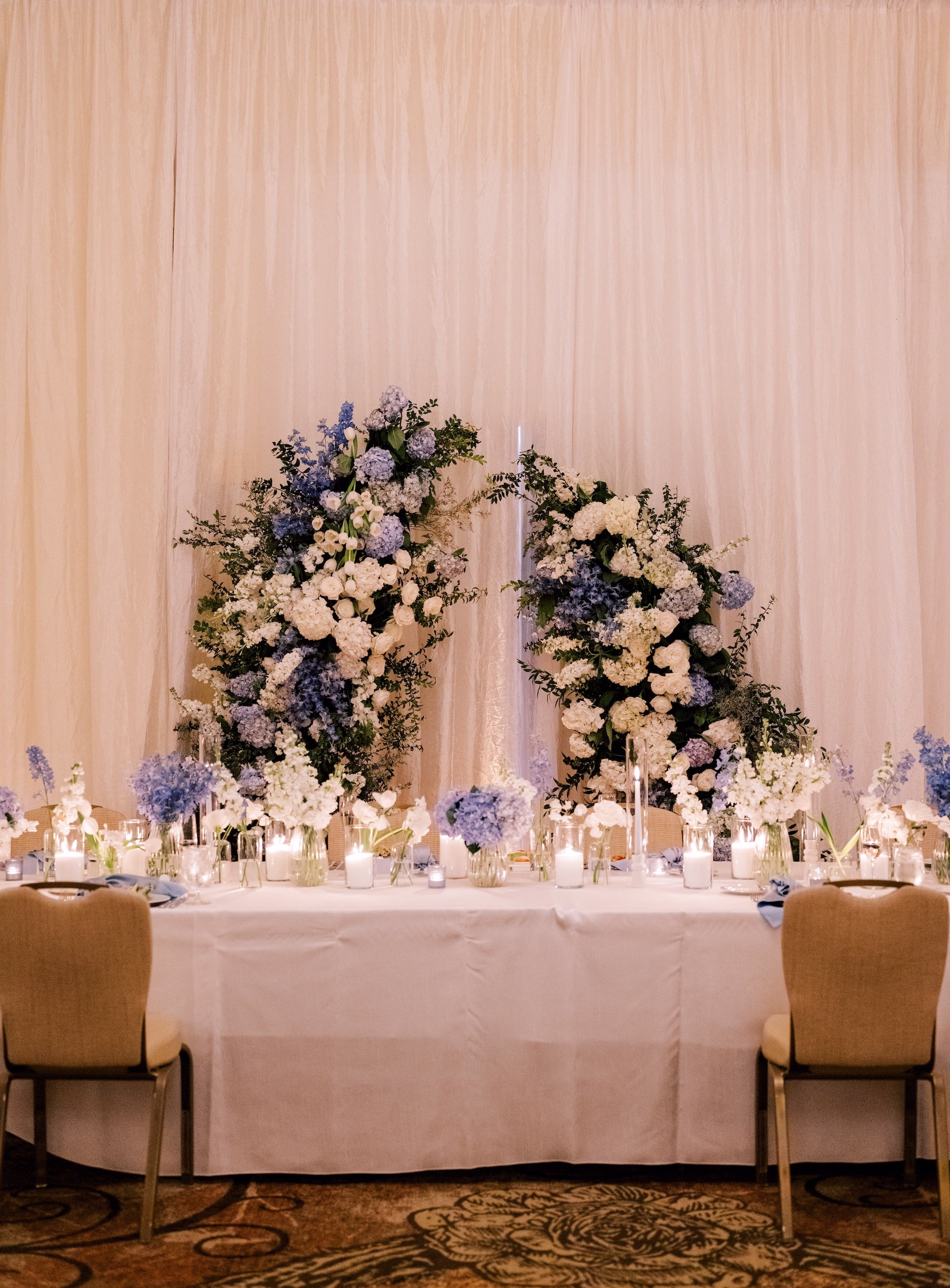 Elegant Coastal Blue Wedding Reception Head Table Decor Ideas