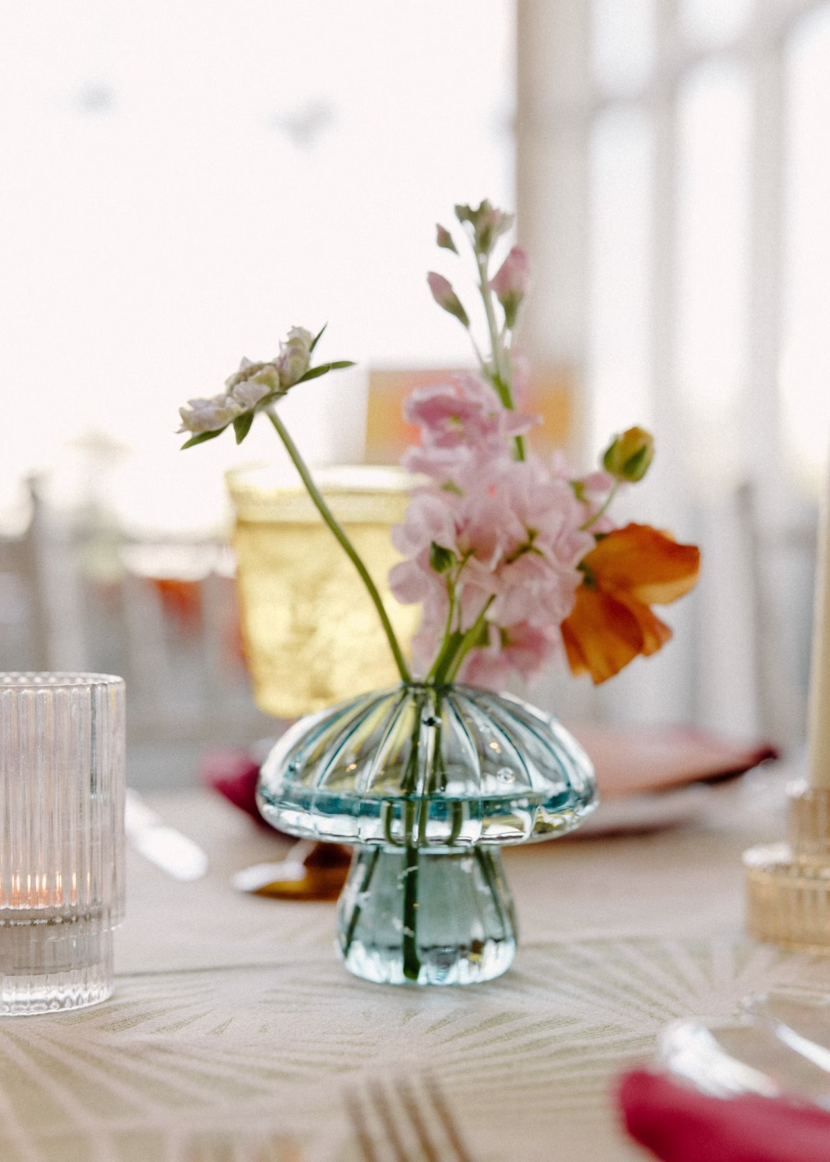 46Whimsical Pastel Spring Orange Yellow and Purple Wedding Inspiration - Whimsical, Colorful Waterfront Wedding | Tampa River Center Single Pastel Floral Stems in Bud Vases WeddingReception Centerpiece Inspiration | Planner Wilder Mind Events