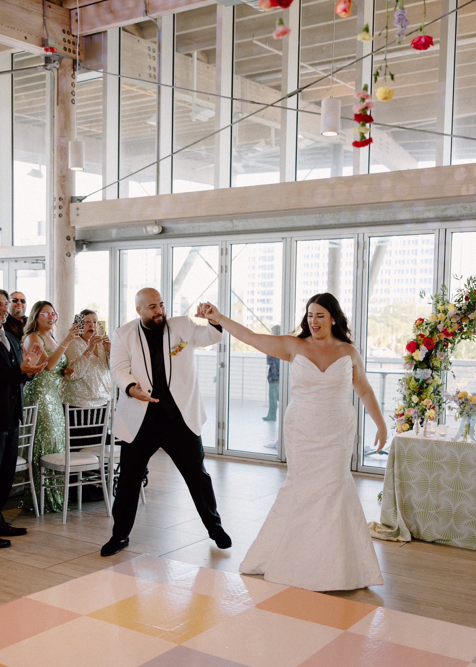 53Whimsical Pastel Spring Orange Yellow and Purple Wedding Inspiration - Whimsical, Colorful Waterfront Wedding | Tampa River Center Bride and Groom First Dance Wedding Portrait | Tampa Bay DJ Tampa Bay DJ Co