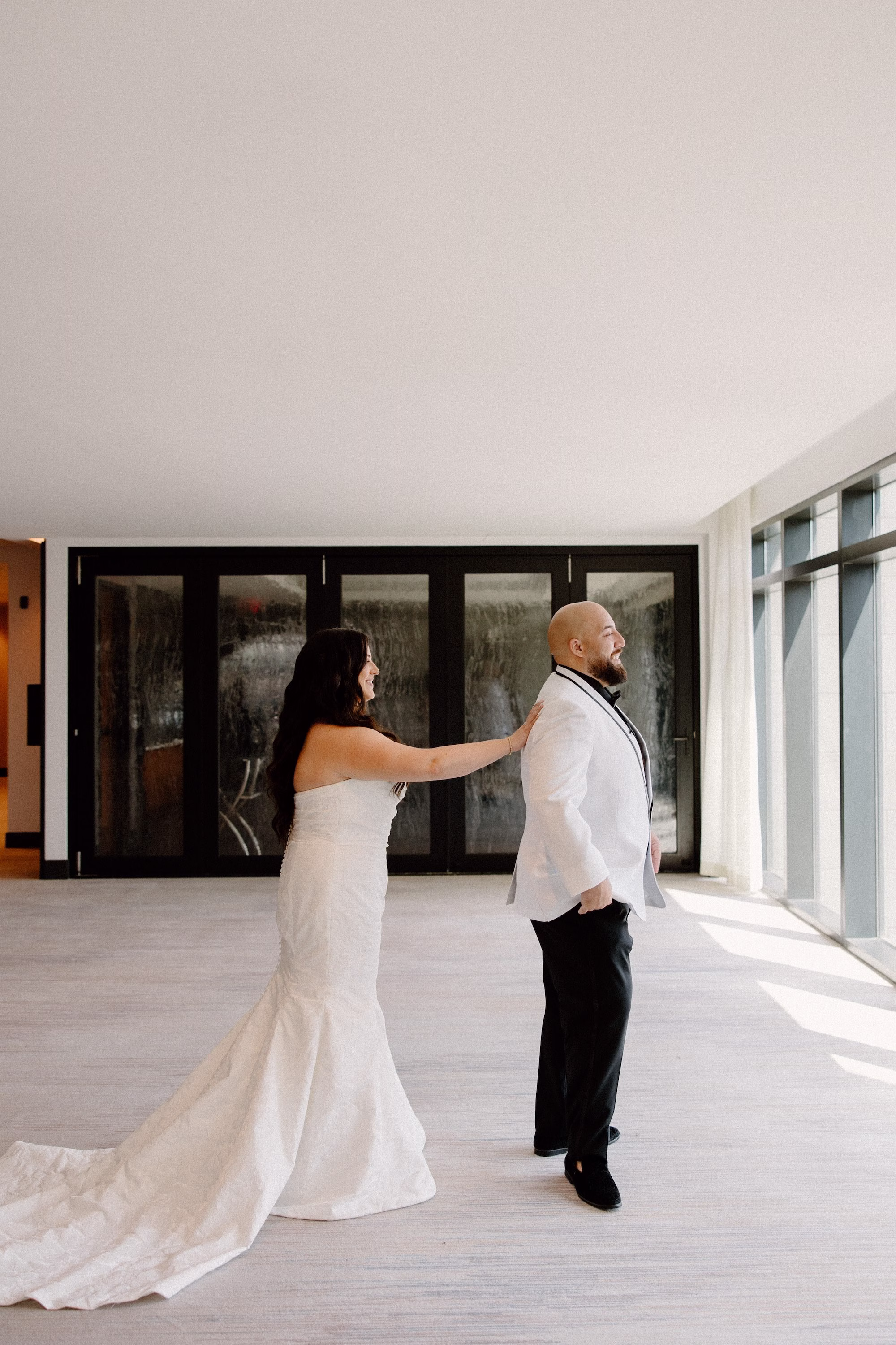 8Whimsical Pastel Spring Orange Yellow and Purple Wedding Inspiration - Whimsical, Colorful Waterfront Wedding | Tampa River Center Bride and Groom First Look Wedding Portrait