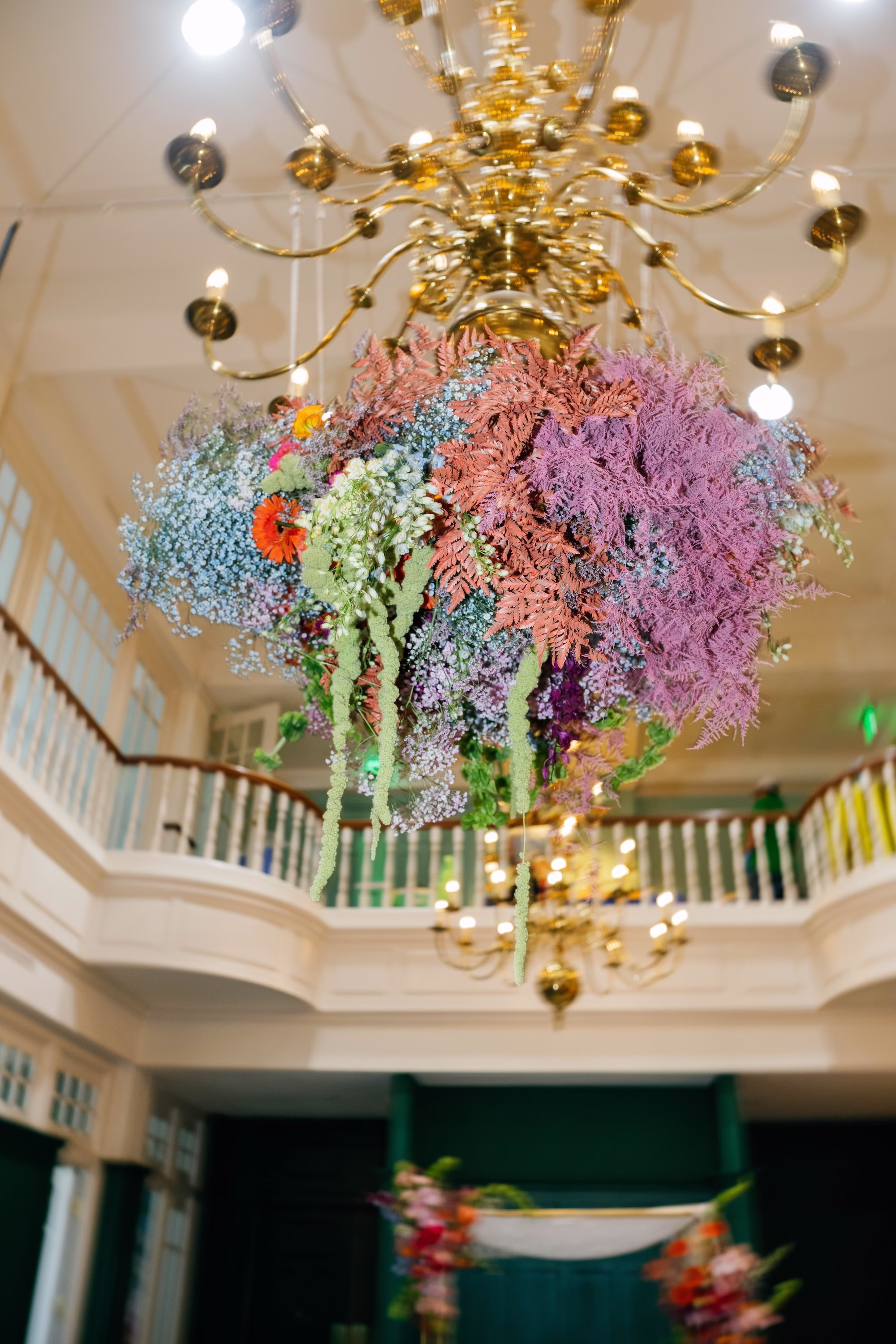 Whimsical Vibrant Wedding Ceremony Flower Chandelier Decor Inspiration