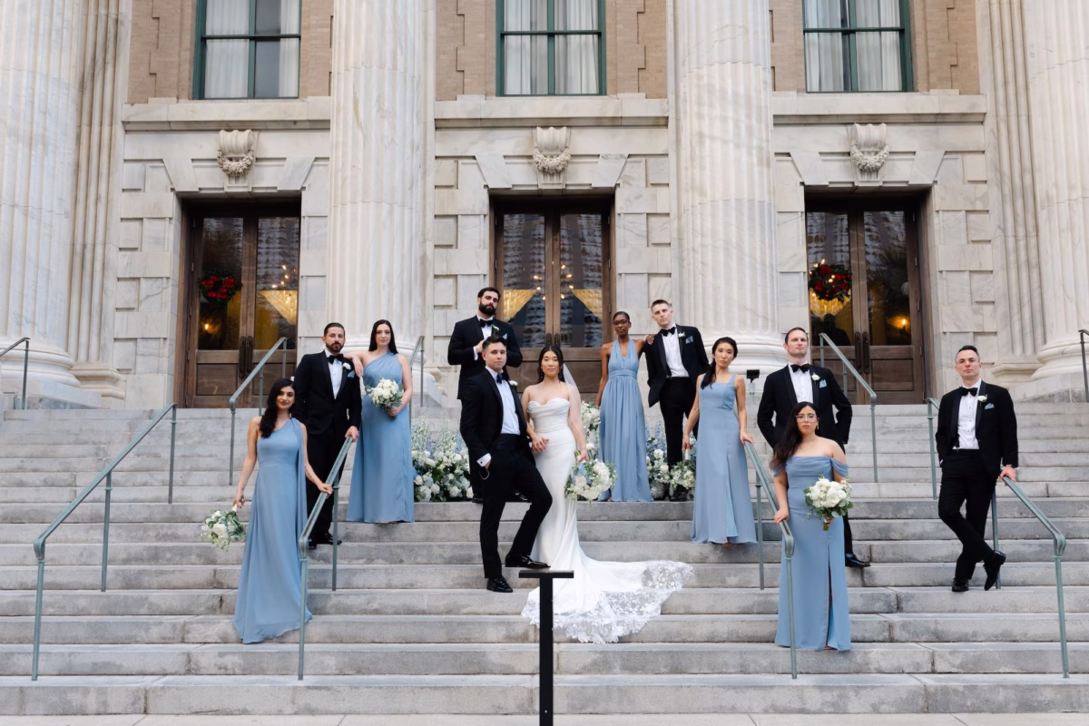 21Elegant Dusty Blue and Gold Wedding Inspiration Venue Le Meridien Tampa - Elegant, Dusty Blue and Gold Downtown Tampa Wedding | Le Méridien Tampa Bride and Groom with Wedding Party | Mismatched Dusty Blue Bridesmaids Dress Ideas | Tampa Bay Event Venue Le Meridien