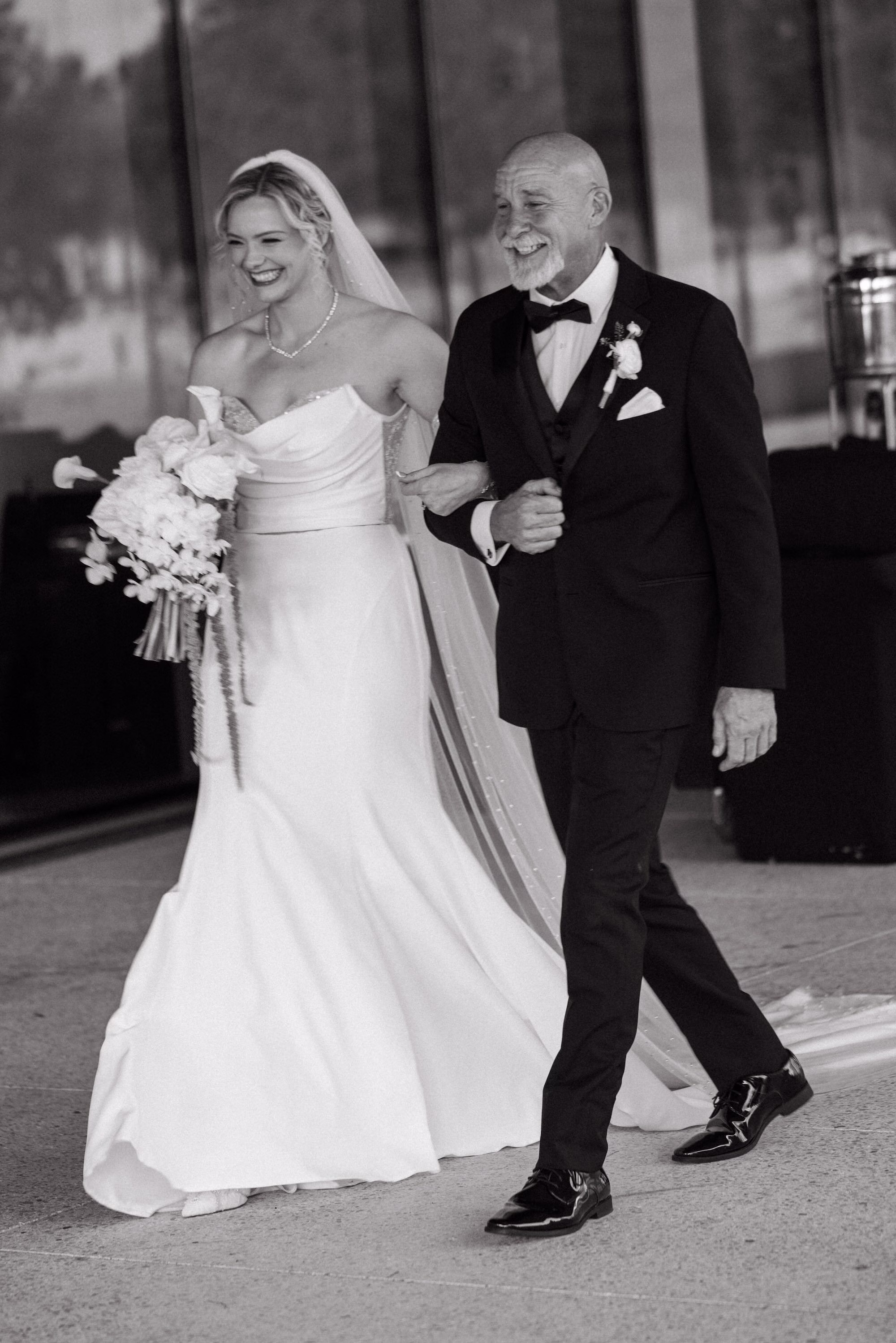 21Modern Black and White Wedding Inspiration - Black and White Modern Wedding | Tampa Museum of Art Bride and Father Walking Down Wedding Aisle