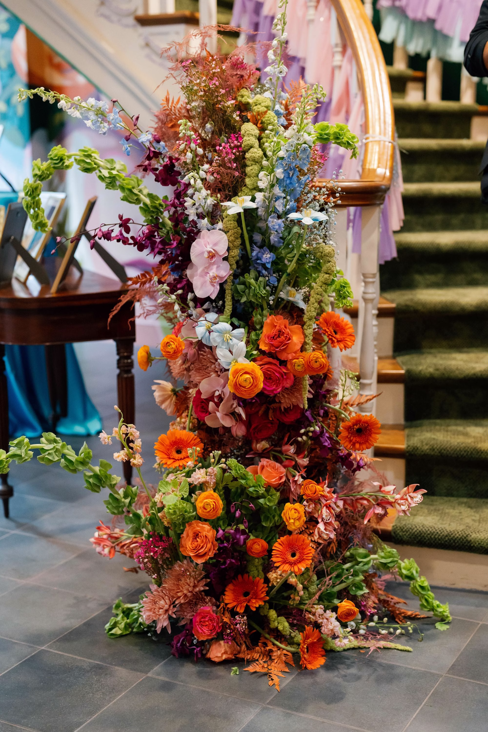 Whimsical Vibrant Wedding Ceremony Stair Decor Inspiration
