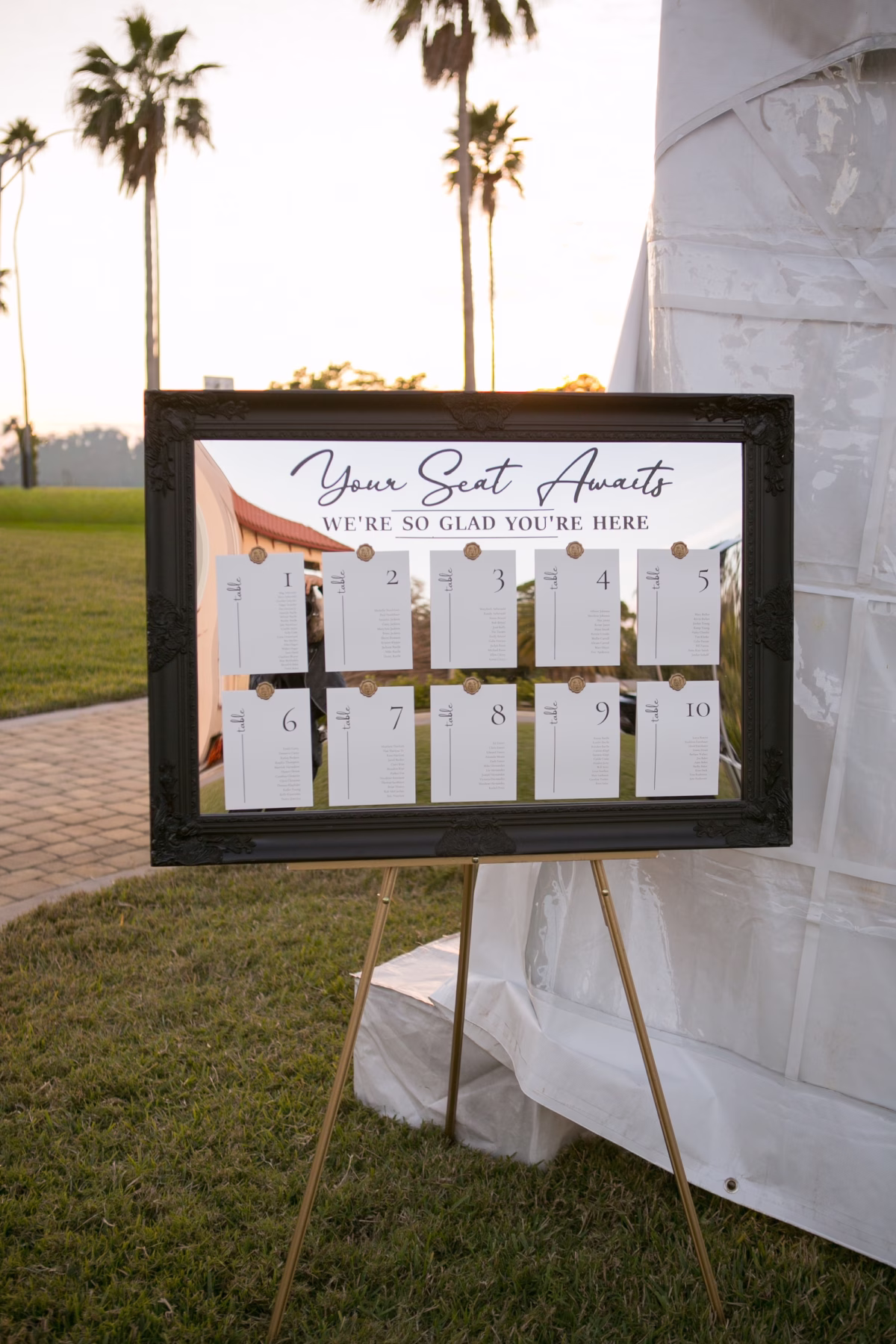 22Classic Black and White Wedding Ideas - Classic Black and White Clearwater Wedding | Harborside Chapel & The Fenway Vintage Black Framed Mirror Seating Chart Wedding Reception Decor Inspiration | St Petersburg Wedding Planner Seashine Weddings