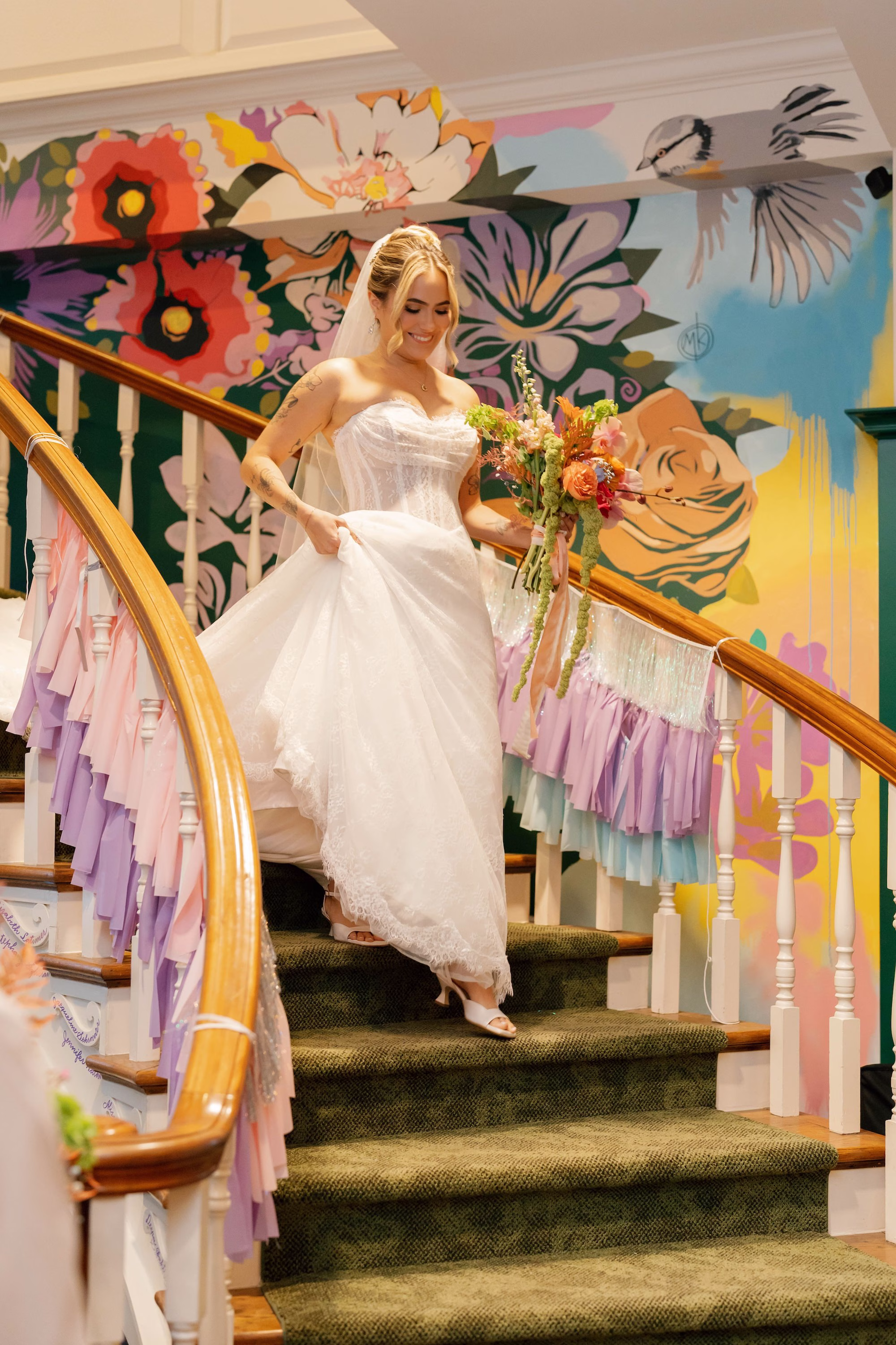 Bride Walking Down Wedding Ceremony Stairs