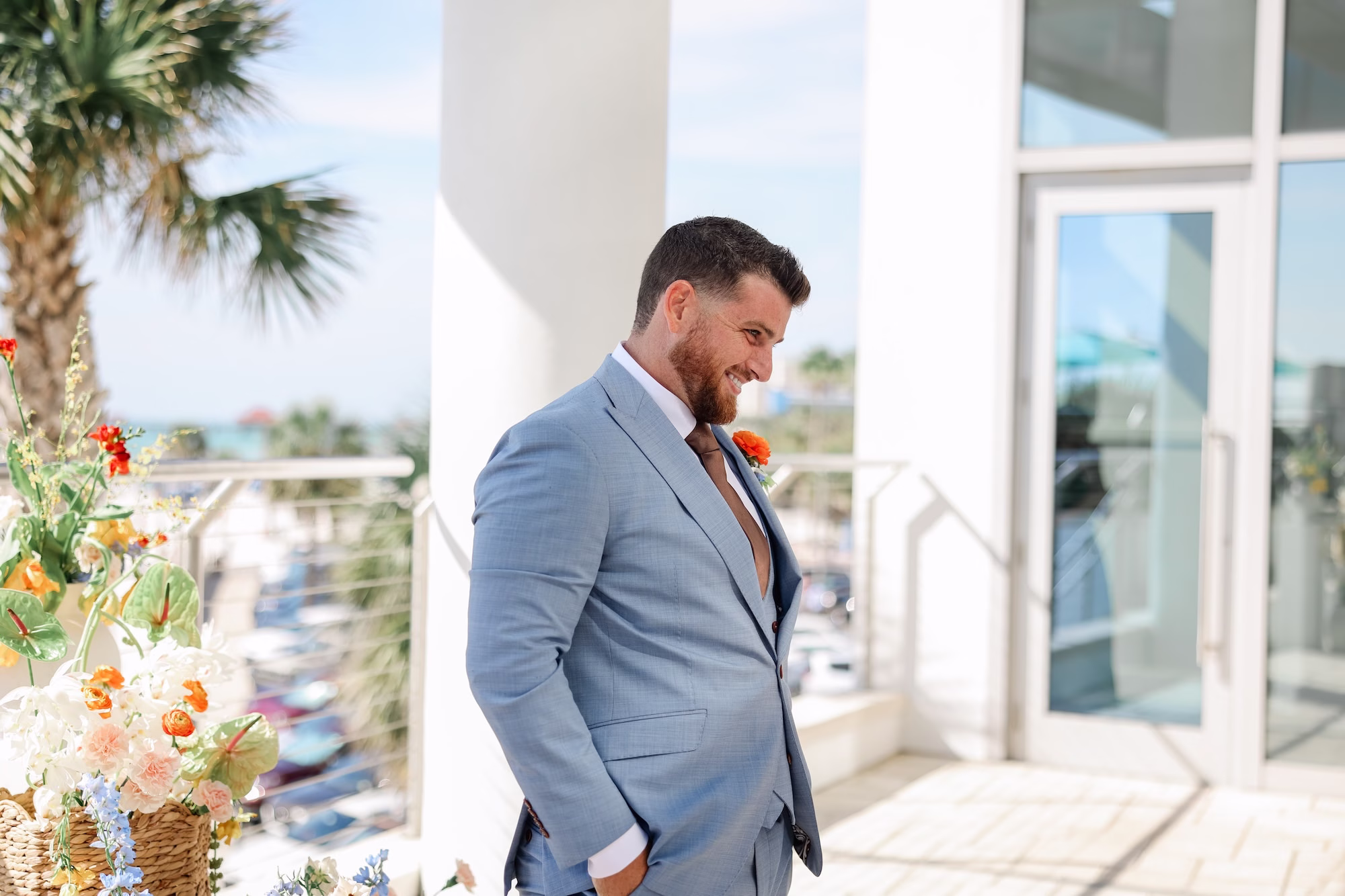 23Tropical Pastel Florida Wedding Inspiration - Tropical, Pastel Outdoor Wedding | Opal Sands Clearwater Beach Groom's Reaction to Bride Walking Down Wedding Aisle