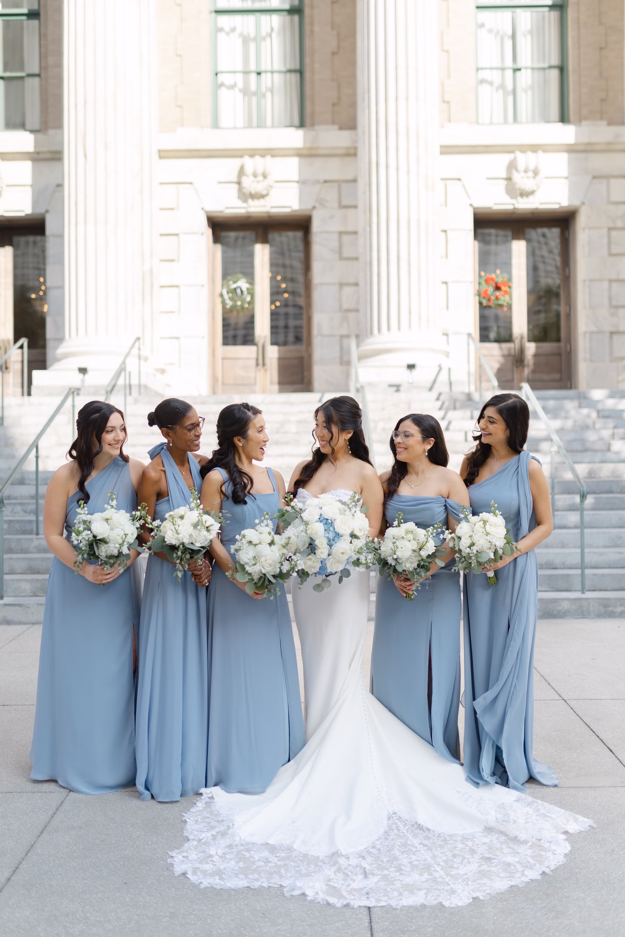 24Elegant Dusty Blue and Gold Wedding Inspiration - Elegant, Dusty Blue and Gold Downtown Tampa Wedding | Le Méridien Tampa Bride and Bridesmaids Wedding Portrait