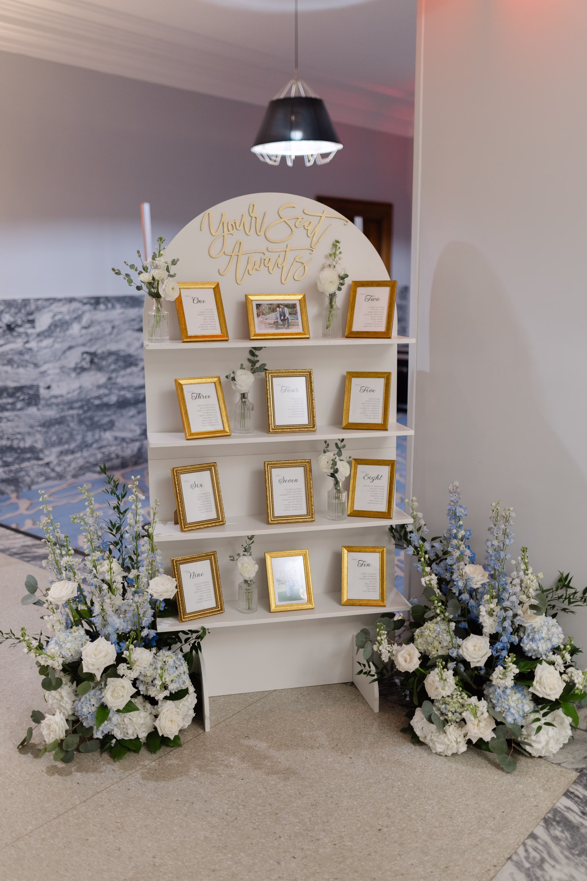 26Elegant Dusty Blue and Gold Wedding Inspiration - Elegant, Dusty Blue and Gold Downtown Tampa Wedding | Le Méridien Tampa Elegant Dusty Blue and Gold Wedding Reception Seating Chart Display Decor Inspiration