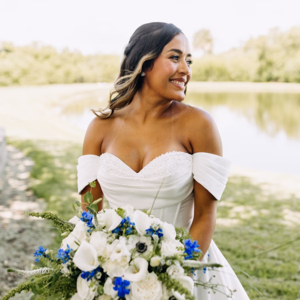 26Modern Blue Coastal Wedding Inspiration - Coastal Dusty Blue Waterfront Wedding Inspiration | Grand Hyatt Tampa Bay Bride Wedding Portrait | White and Blue Flower Bridal Bouquet Inspiration | White Wedding Dress Ideas | Tampa Bay Hair and Makeup Artist Adore Bridal | Dress Boutique Truly Forever Bridal