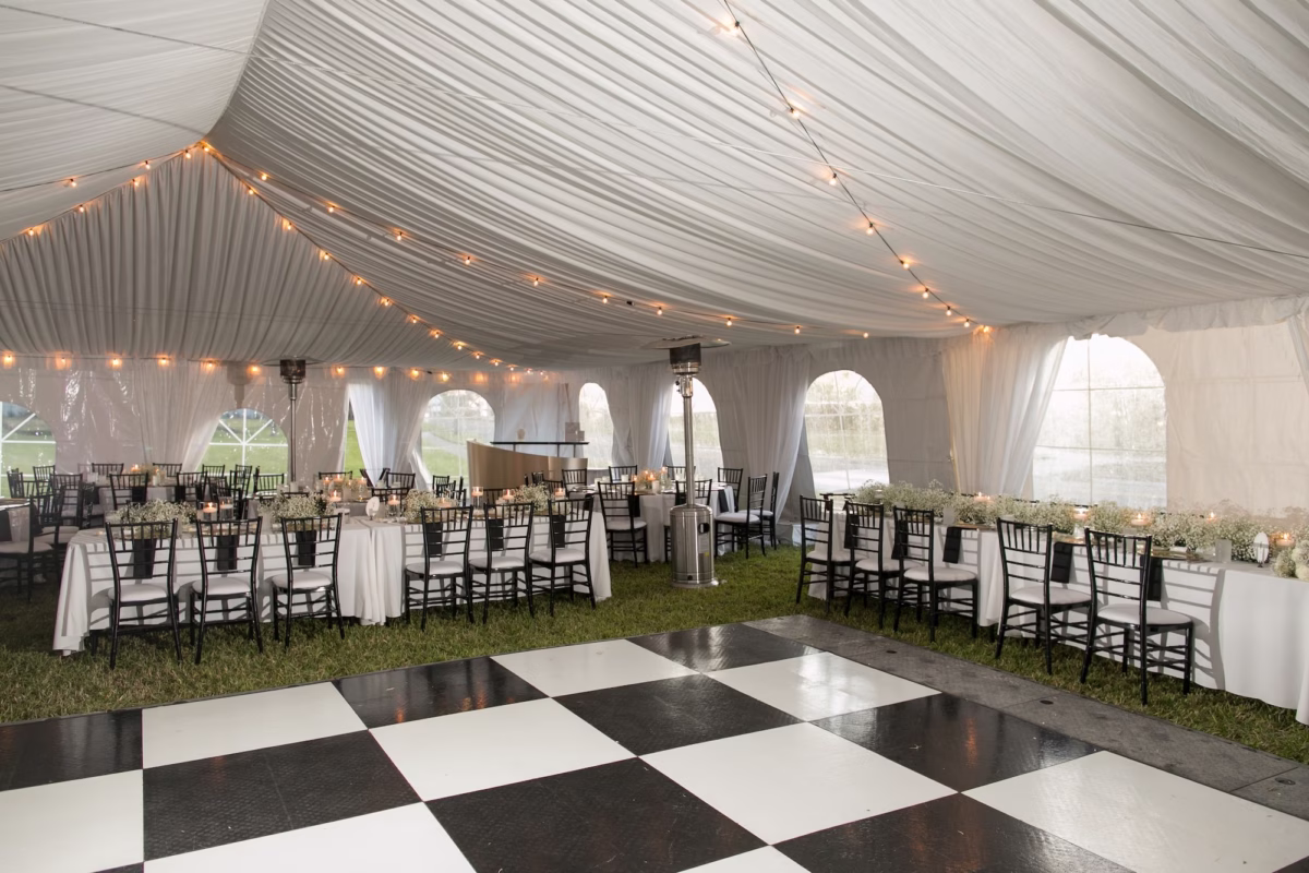 27Classic Black and White Wedding Ideas Dunedin Venue The Fenway - Classic Black and White Clearwater Wedding | Harborside Chapel & The Fenway Simple Elegant Black and White Winter Tented Wedding Inspiration | Black and White Checkered Dance Floor Ideas | White Linens with Gold Chargers and Lush Baby's Breath Floral Arrangement Centerpieces with Floating Tea Candles Tablescape Decor Inspiration | Black and White Chiavari Wedding Reception Chairs Ideas | Largo Rental Service Gabro Event Services | Dunedin Wedding Venue Fenway Hotel