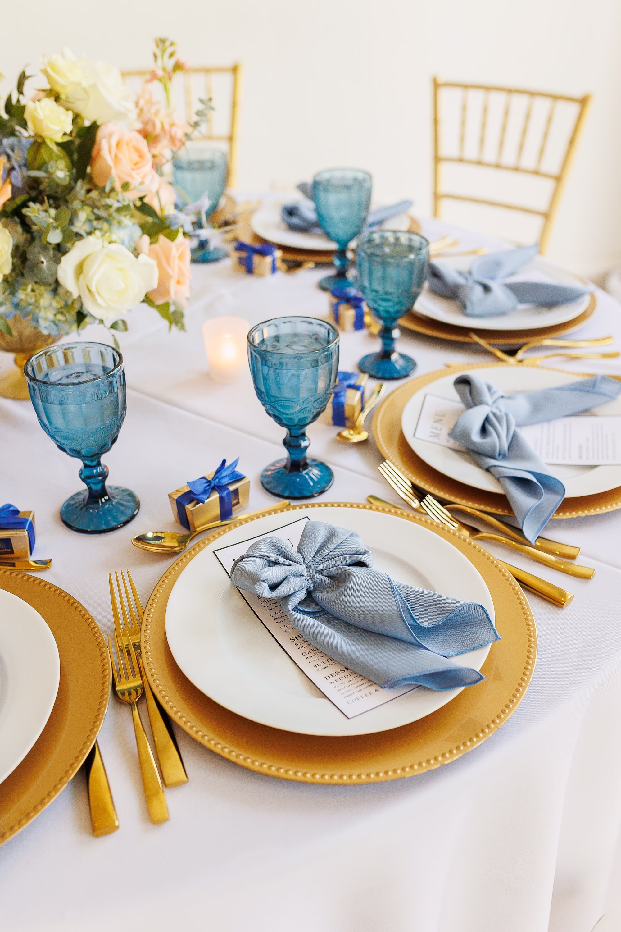 Dusty Blue and Peach Spring Wedding Reception Place Setting Decor Ideas