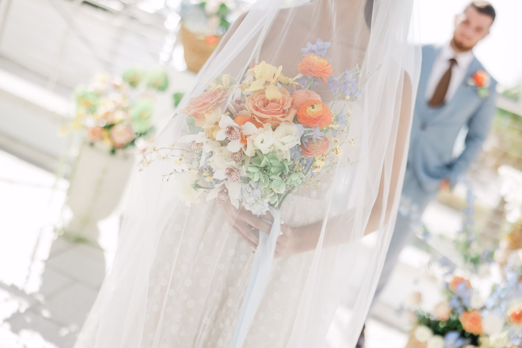 29Tropical Pastel Florida Wedding Inspiration - Tropical, Pastel Outdoor Wedding | Opal Sands Clearwater Beach Bride and Groom Wedding Portrait