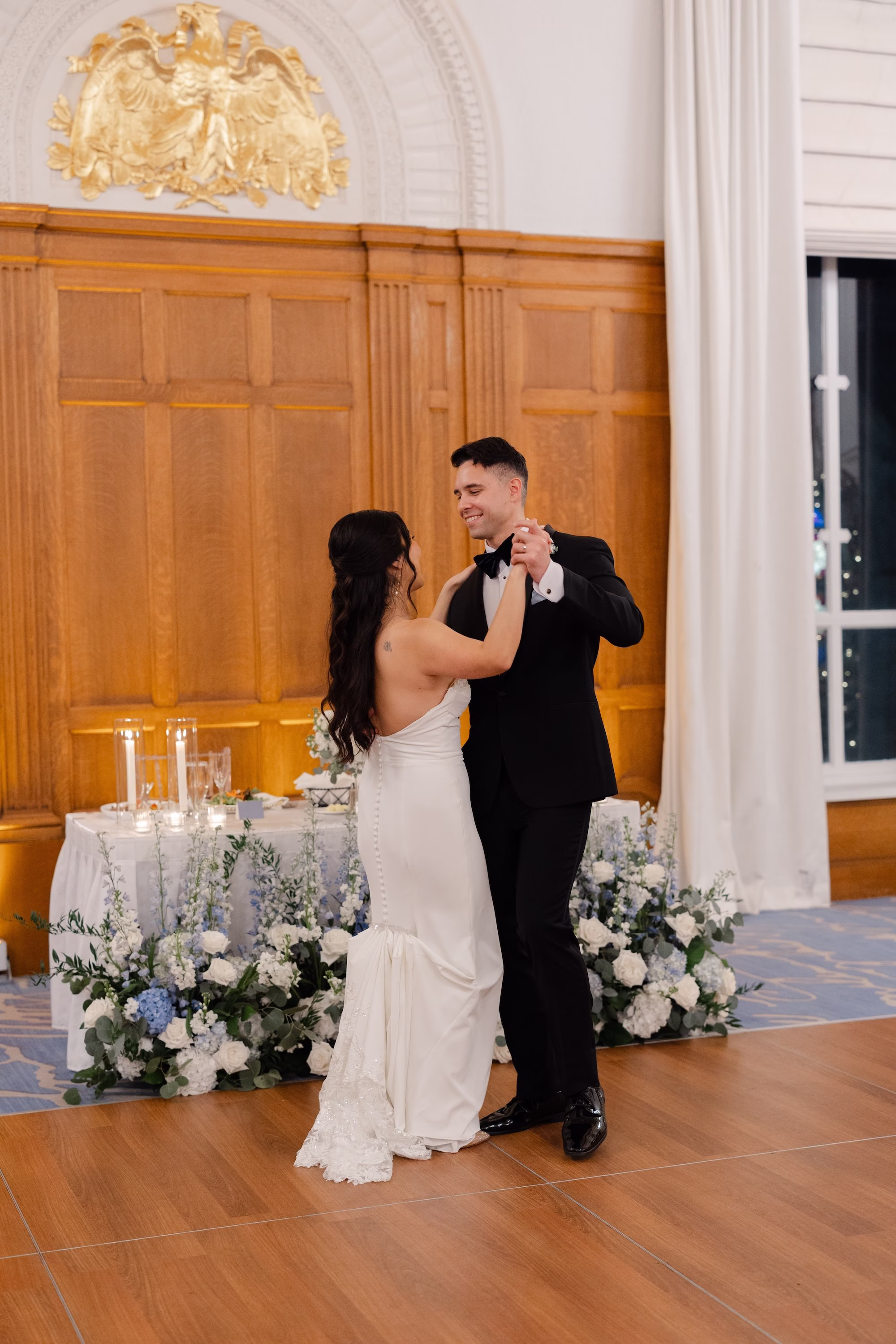 33Elegant Dusty Blue and Gold Wedding Inspiration Venue Le Meridien Tampa - Elegant, Dusty Blue and Gold Downtown Tampa Wedding | Le Méridien Tampa Bride and Groom First Dance Wedding Portrait | Tampa Bay Event Venue Le Meridien | DJ Grant Hammond and Associates