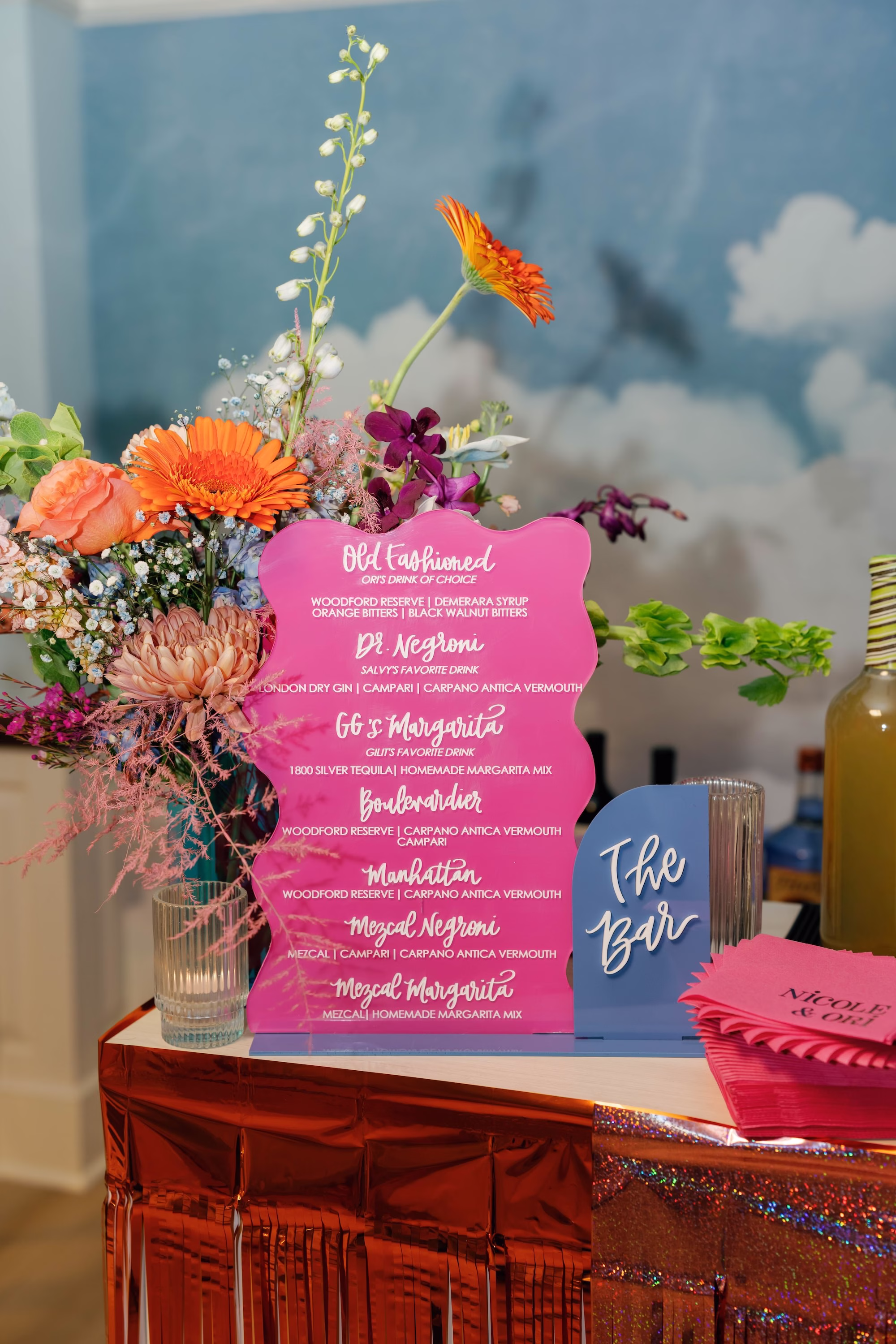 Whimsical Vibrant Wedding Reception Drinks Menu Bar Decor Ideas | Tampa Bay Signage madWOLFE Designs