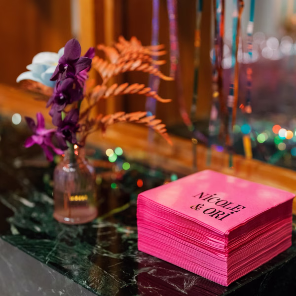 Whimsical Vibrant Wedding Reception Custom Bar Napkin Decor Ideas