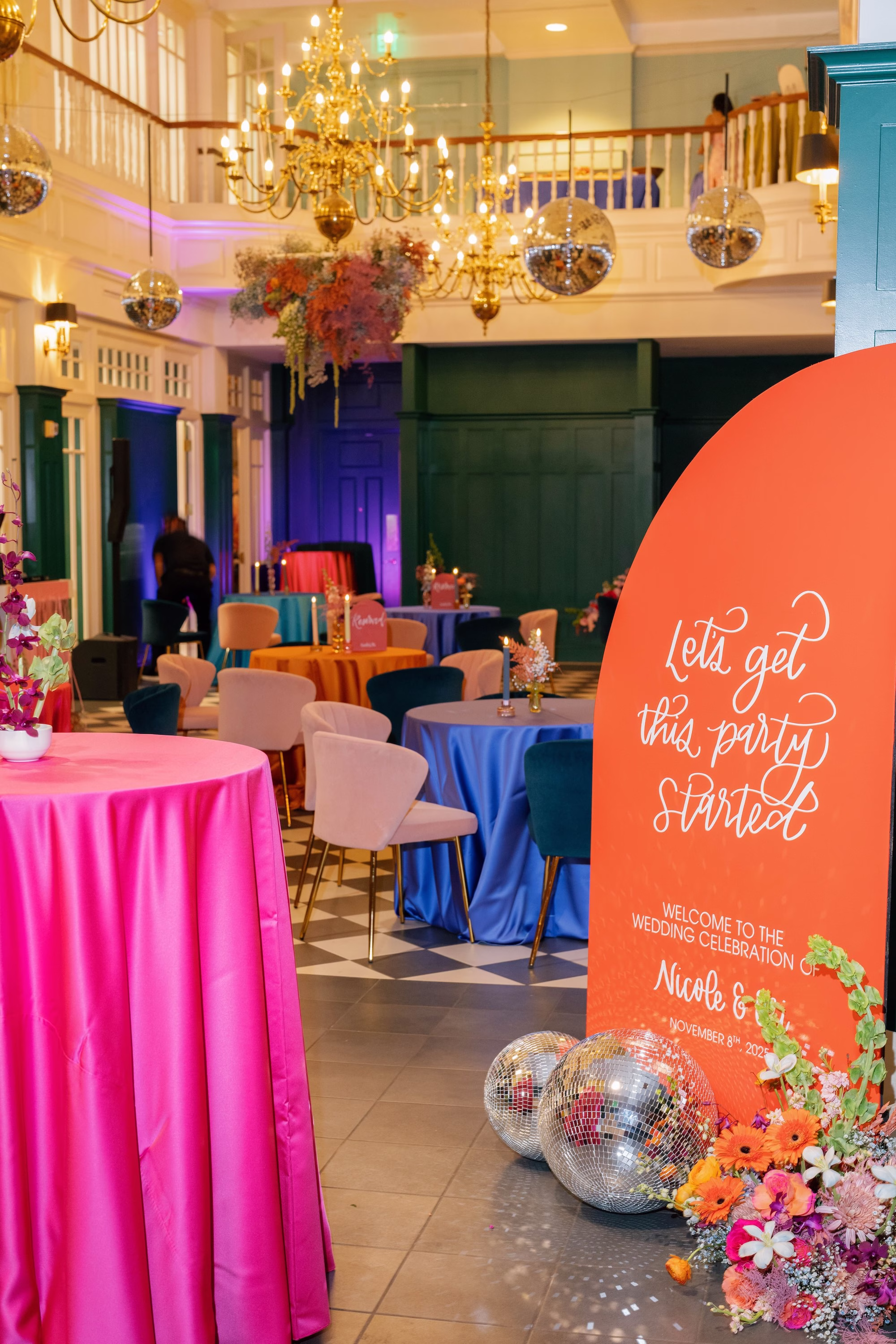 Whimsical Vibrant Wedding Reception Decor Ideas | Tampa Bay Event Venue Spiral Staircase | Signage madWOLFE Designs