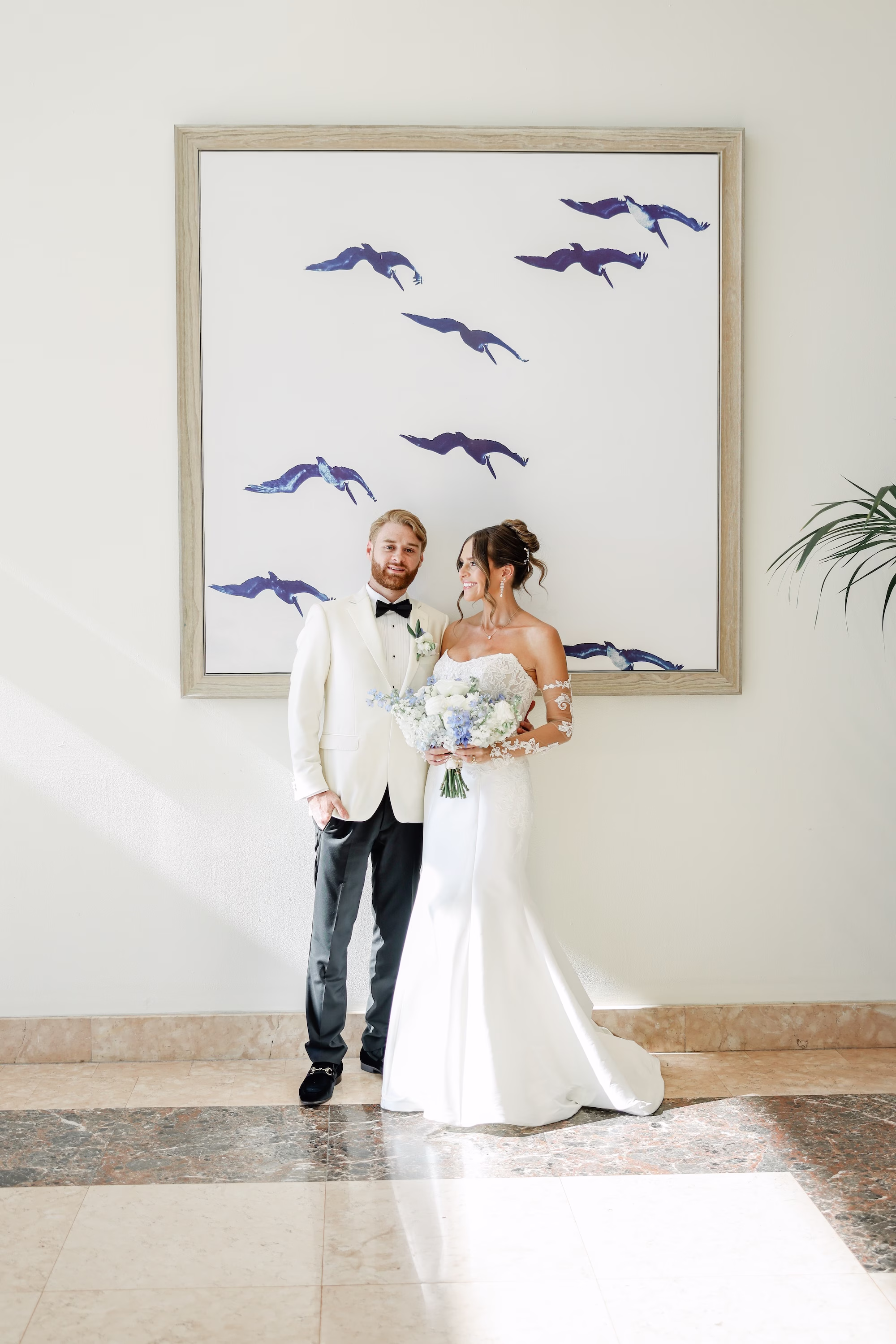 Bride and Groom Wedding Portrait | White Strapless Mermaid Wedding Gown with Lace Bodice and Sleeves Inspiration | Clearwater Photographer Lifelong Photography Studio | Wedding Venue Grand Hyatt Tampa Bay | Tampa Boutique Truly Forever Bridal
