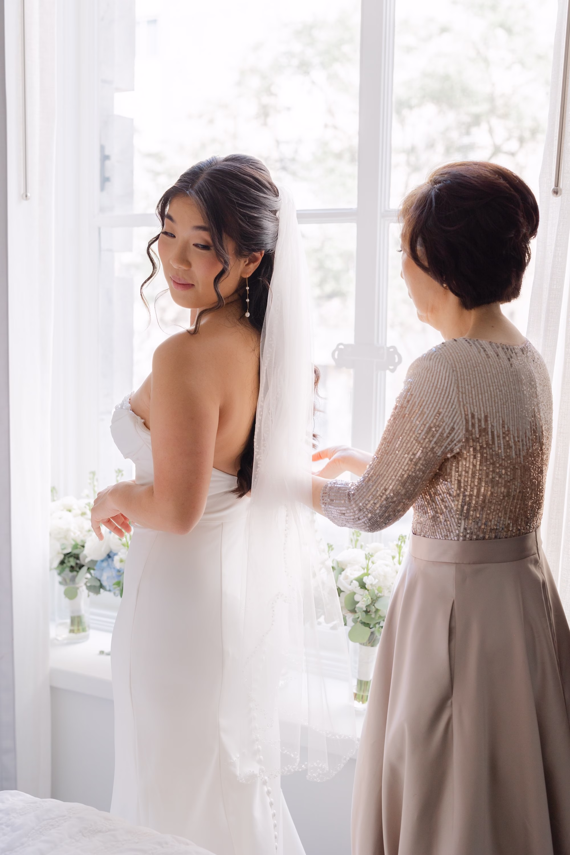 3Elegant Dusty Blue and Gold Wedding Inspiration - Elegant, Dusty Blue and Gold Downtown Tampa Wedding | Le Méridien Tampa Bride and Mother Getting Ready Wedding Portrait | Tampa Bay Hair and Makeup Artist Adore Bridal