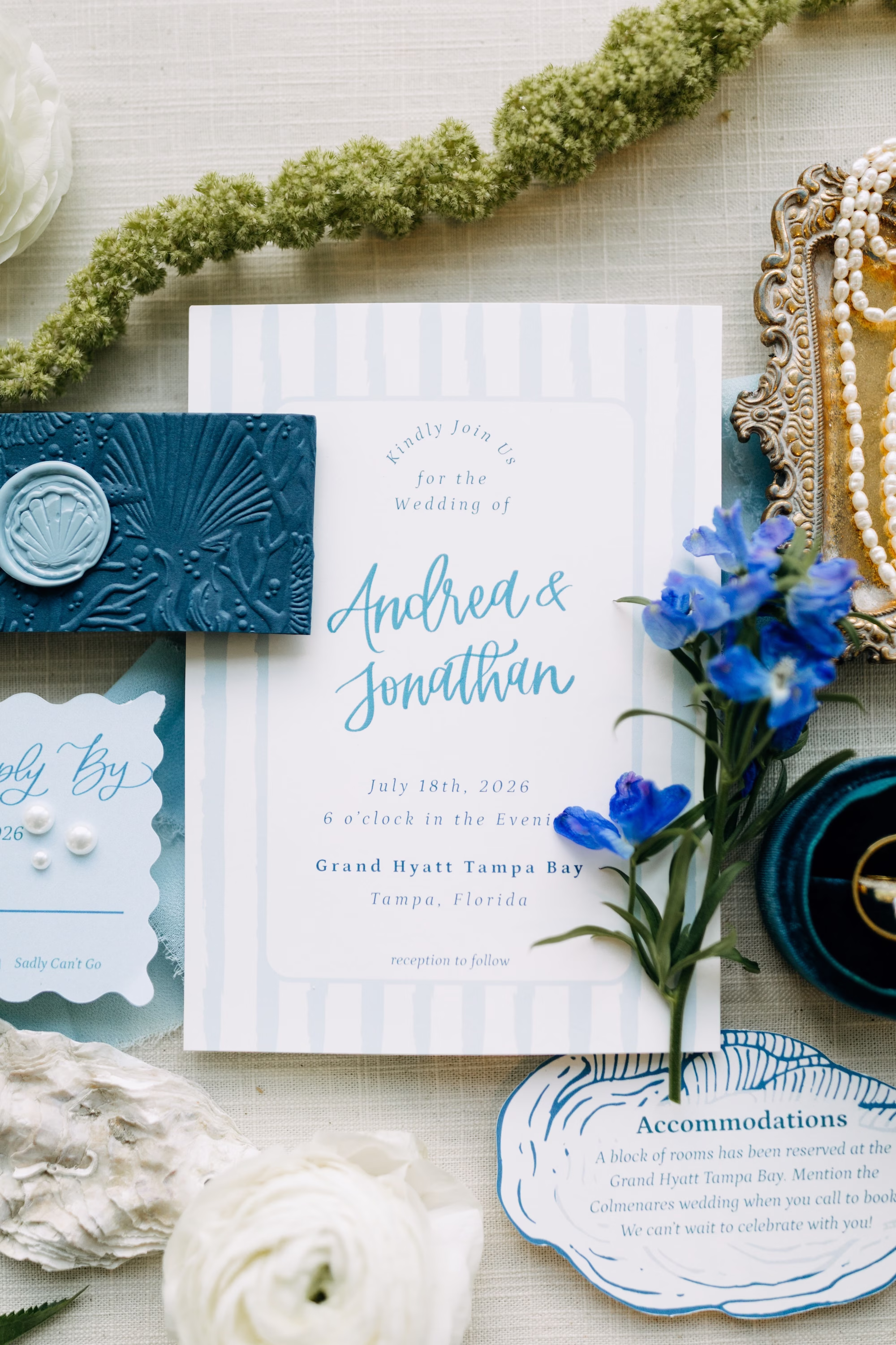 3Modern Blue Coastal Wedding Inspiration - Coastal Dusty Blue Waterfront Wedding Inspiration | Grand Hyatt Tampa Bay Modern Blue Coastal Wedding Invitation Suite Ideas
