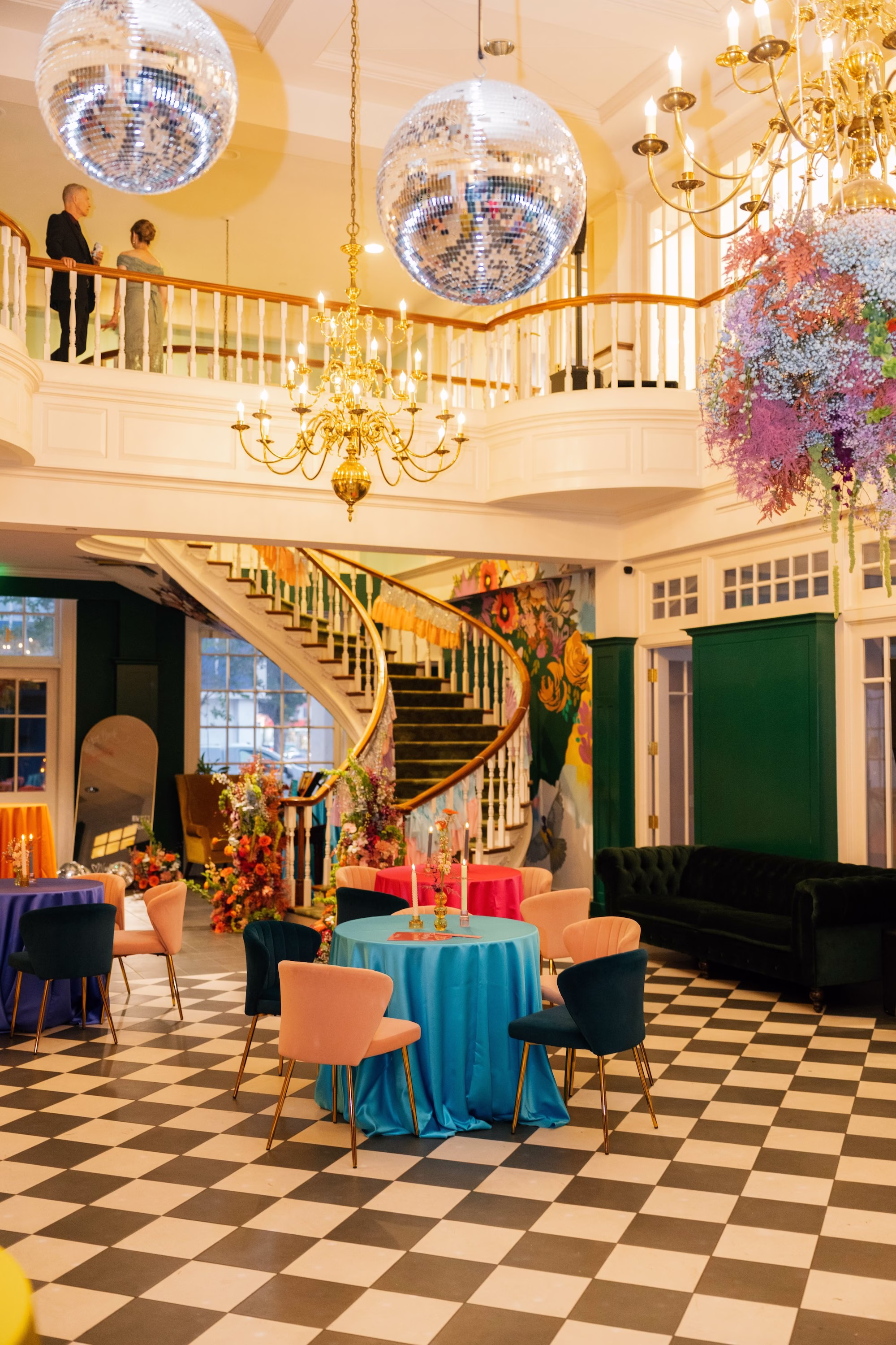 Whimsical Vibrant Wedding Reception Decor Ideas | Tampa Bay Event Venue Spiral Staircase